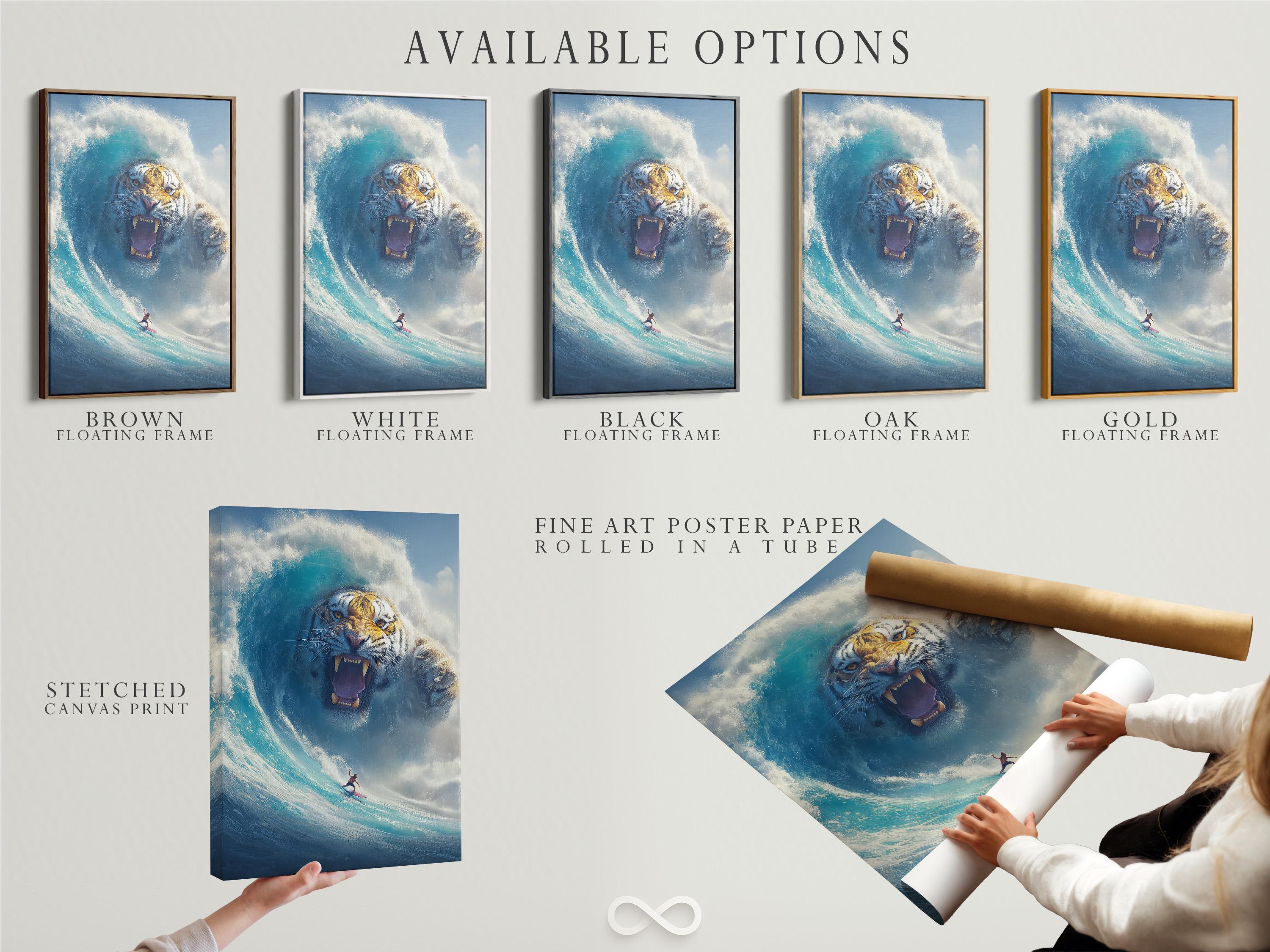 Wall mockup showing framed ocean fantasy tiger wave artwork