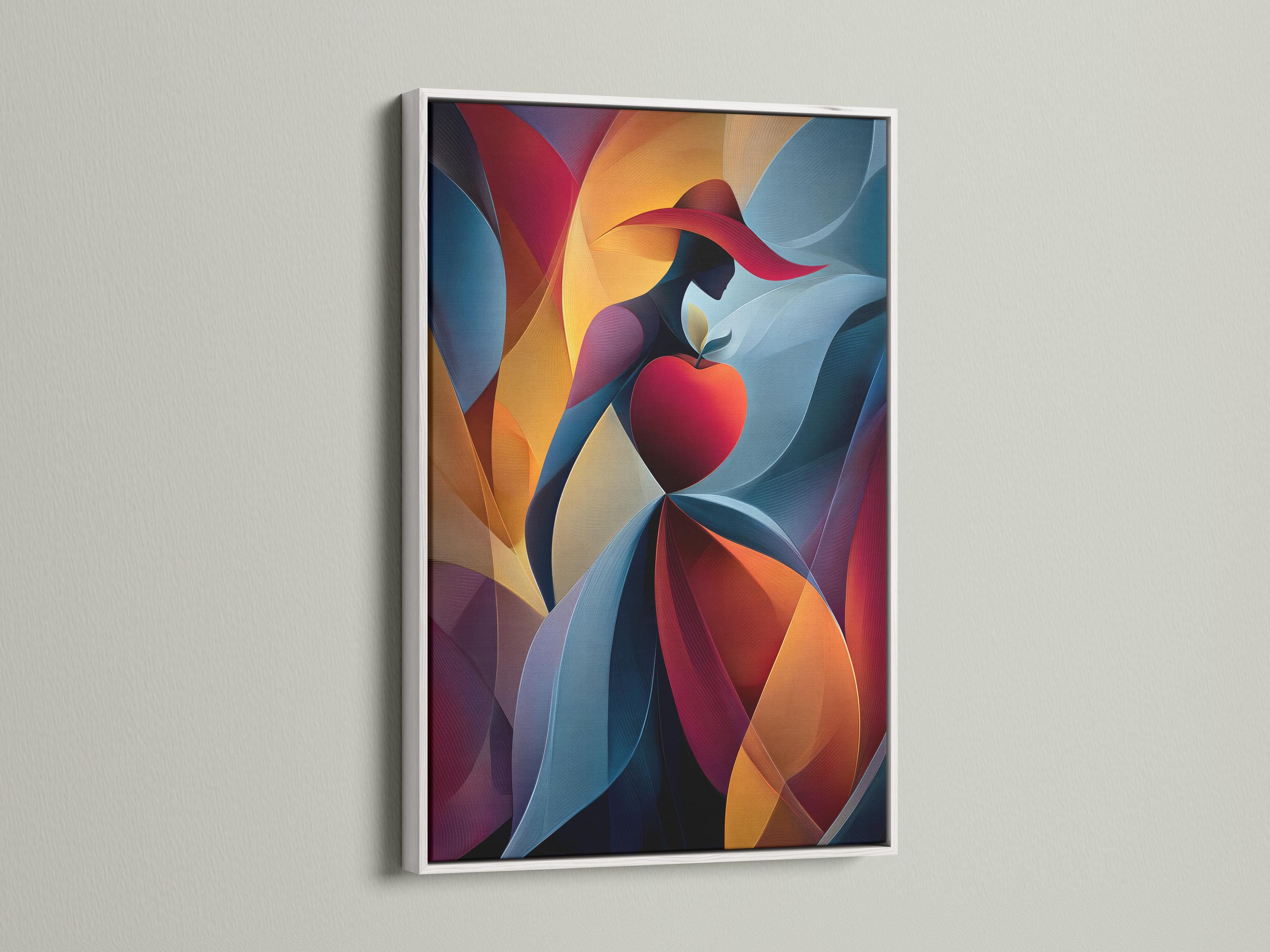 Abstract woman silhouette with a red heart, ribbon-like curves, and blue, red, gold colours detail view