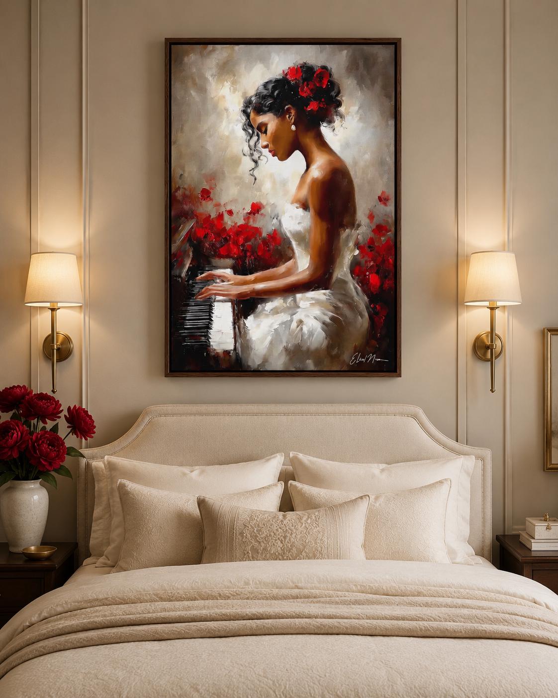 A framed artwork of a woman playing a piano with red flowers displayed in a room