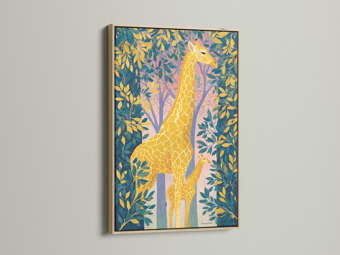 Artwork mockup showing a framed illustration of a giraffe with tropical foliage and tree trunks