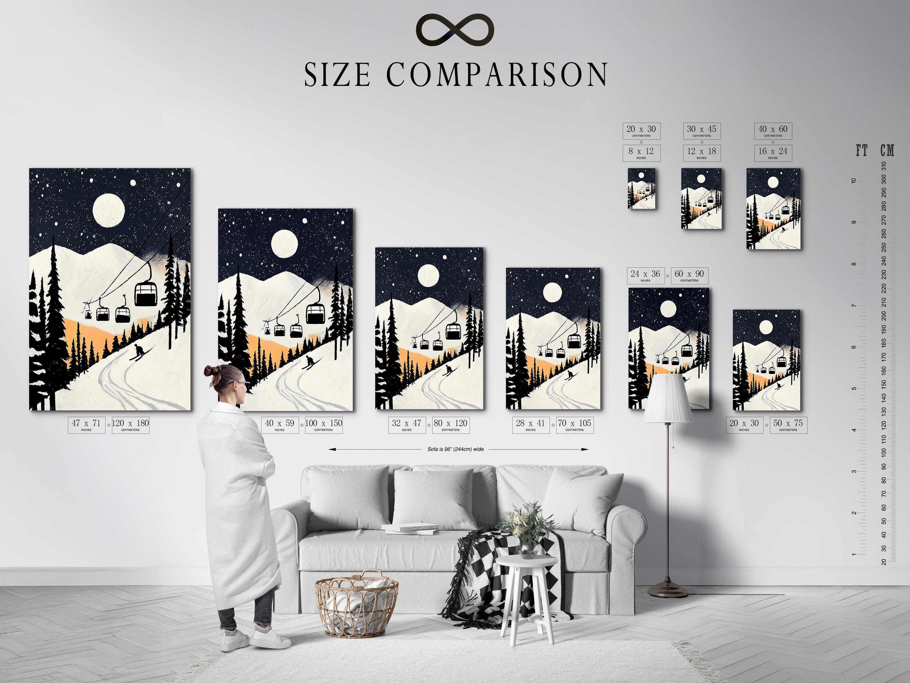 Moonlit snowy ski-lodge artwork mockup with dark pines, falling snow, chairlift cabins and a winding ski track