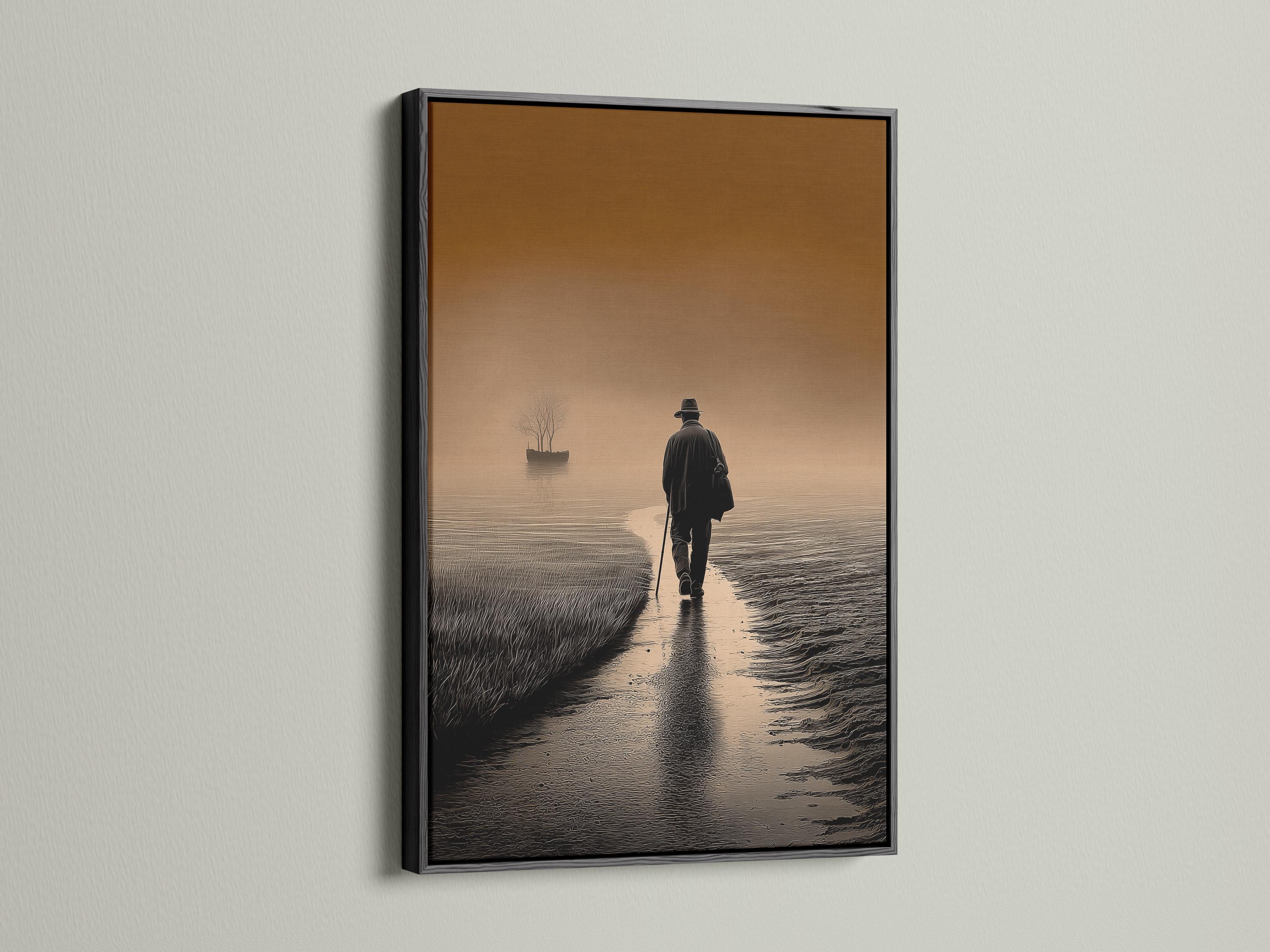 Warm brown and beige seascape with a lone walker on a rippled shoreline and a leafless tree on the horizon detail view