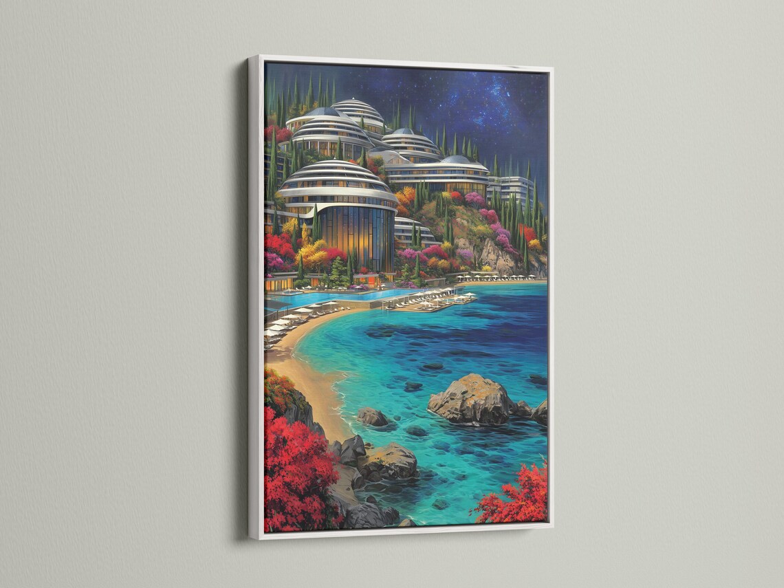 Turquoise ocean coastal cityscape with glowing futuristic towers, colourful gardens and starry night sky detail view