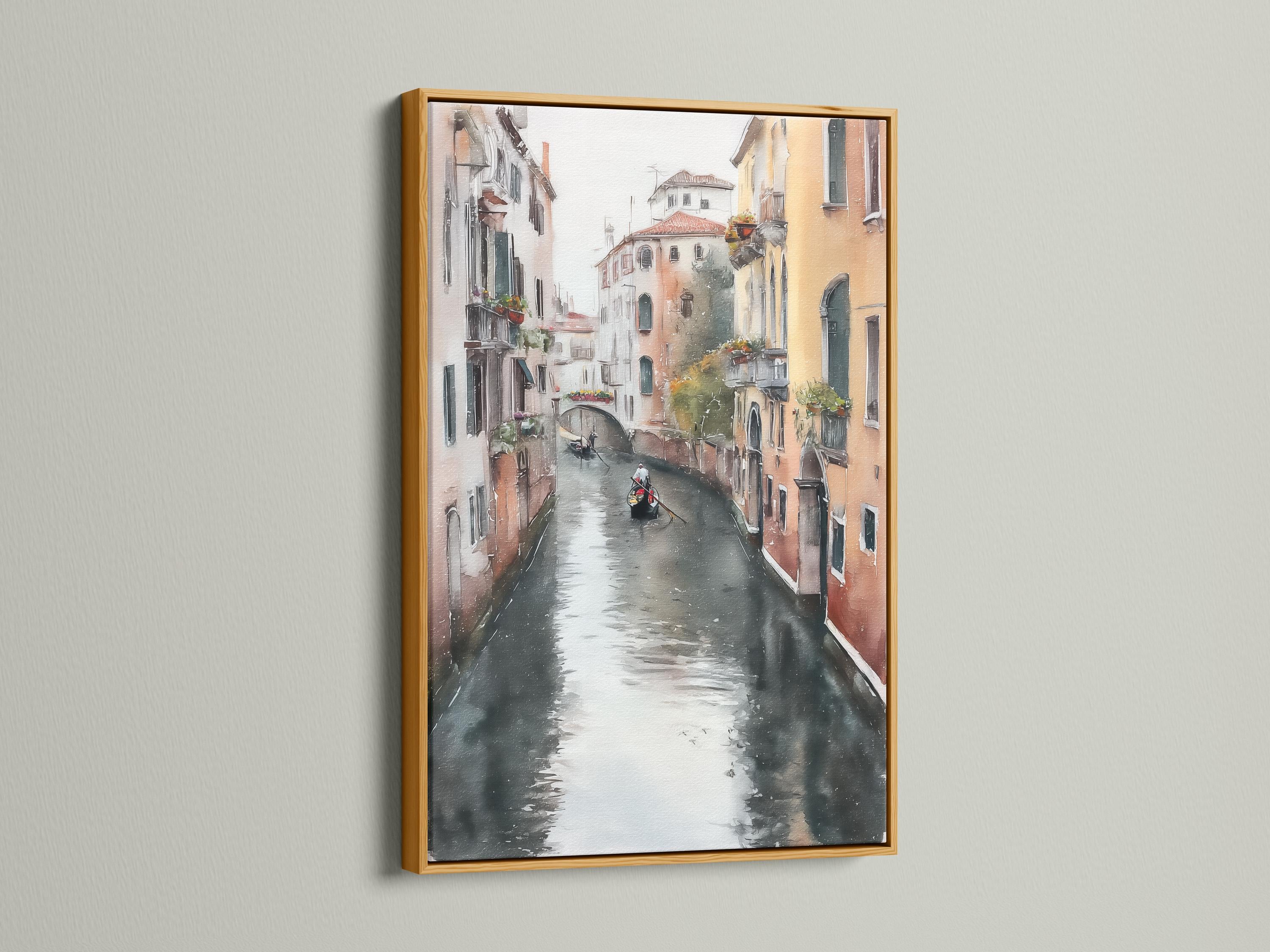 Painterly canal cityscape with warm buildings, grey water reflections and a small gondola-like boat detail view