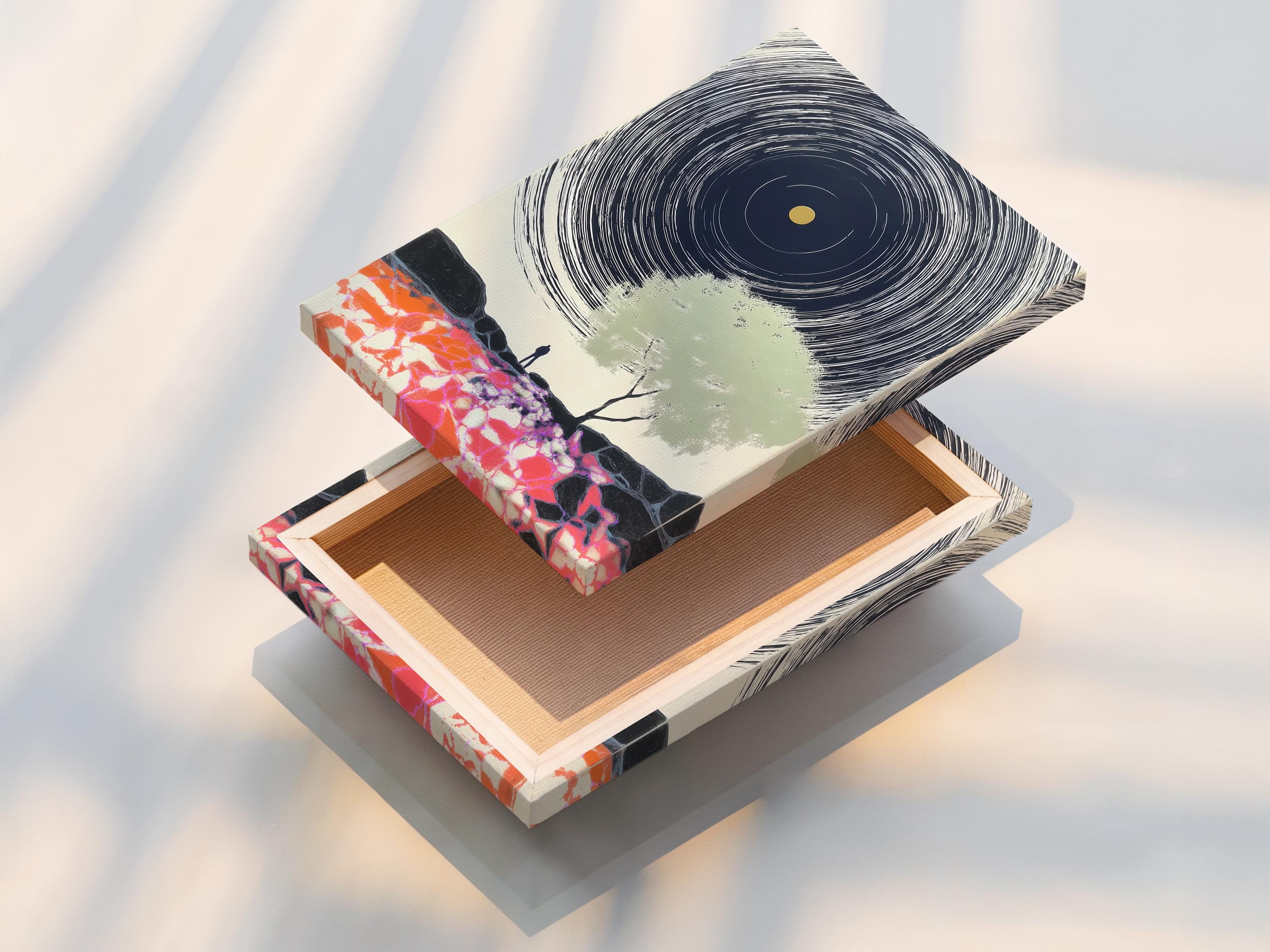 Abstract portrait artwork with navy spiral lines, a gold circle, a pale green tree silhouette, and bright fractured foreground colours detail view