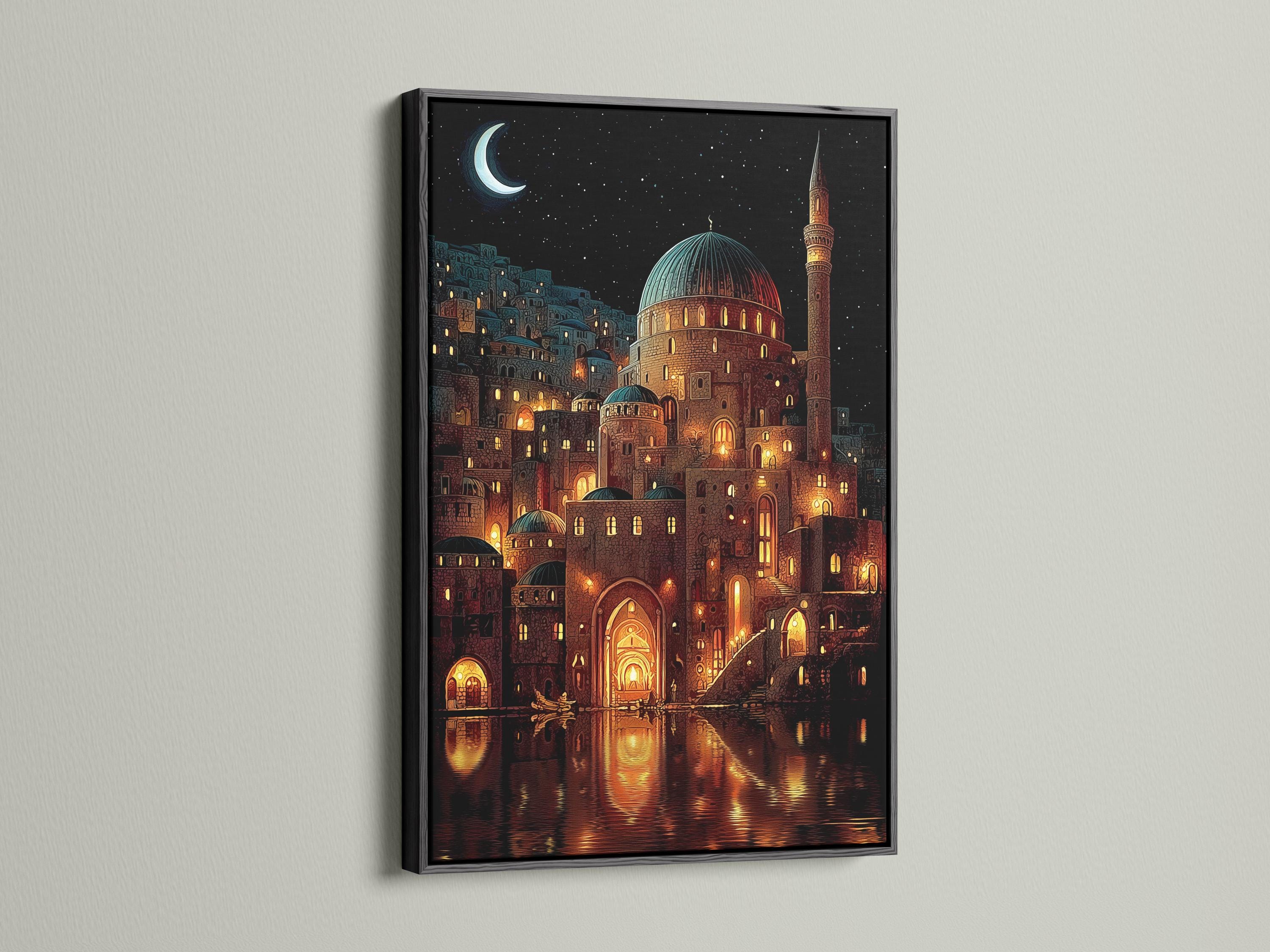 Night scene illustration of a mosque with glowing windows, crescent moon, stars and water reflections detail view