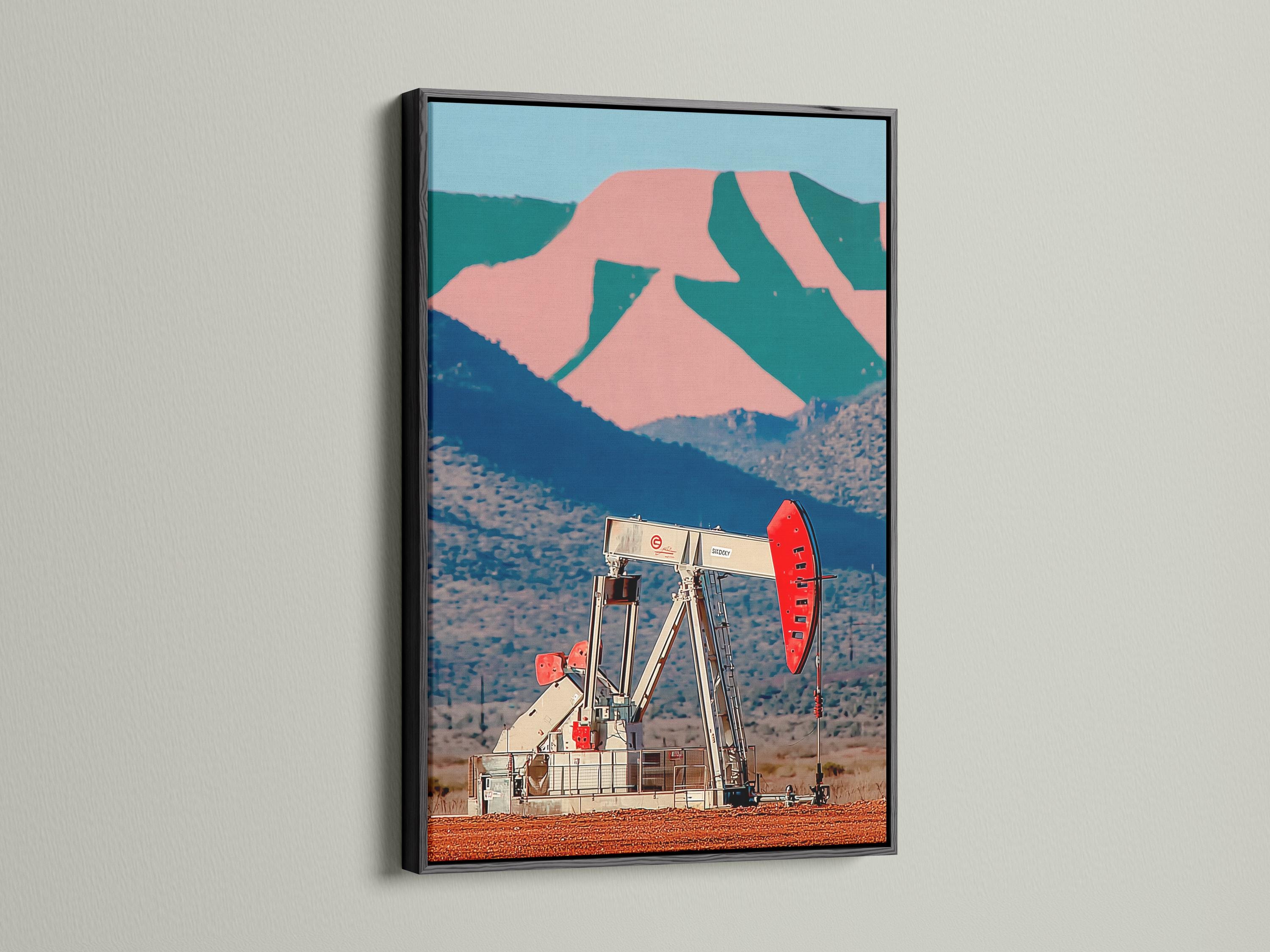 Retro oil pump rig artwork in a desert landscape with blue hills and pink rocks detail view