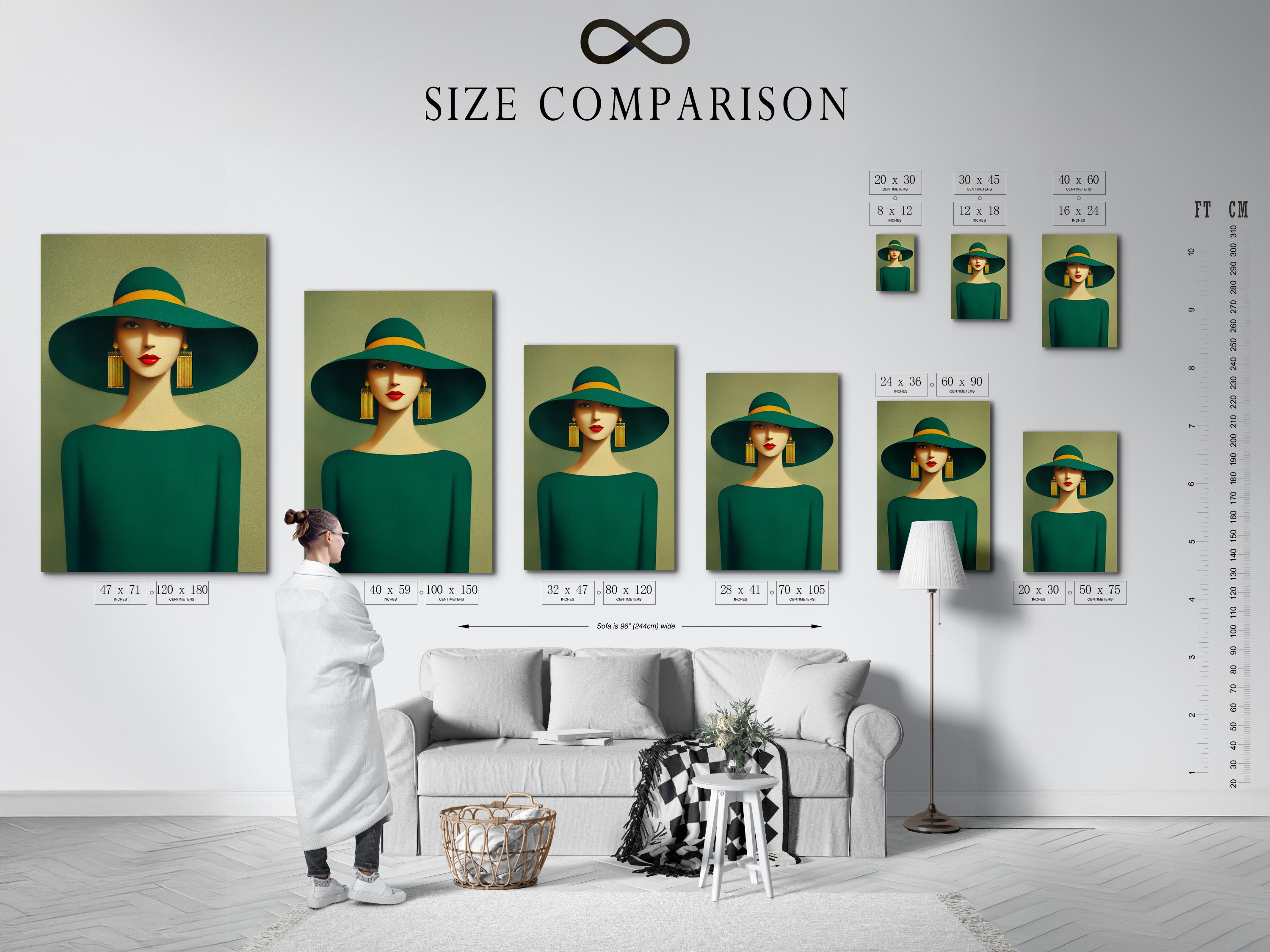 Mockup of a framed stylised woman portrait with a wide green hat and teal outfit