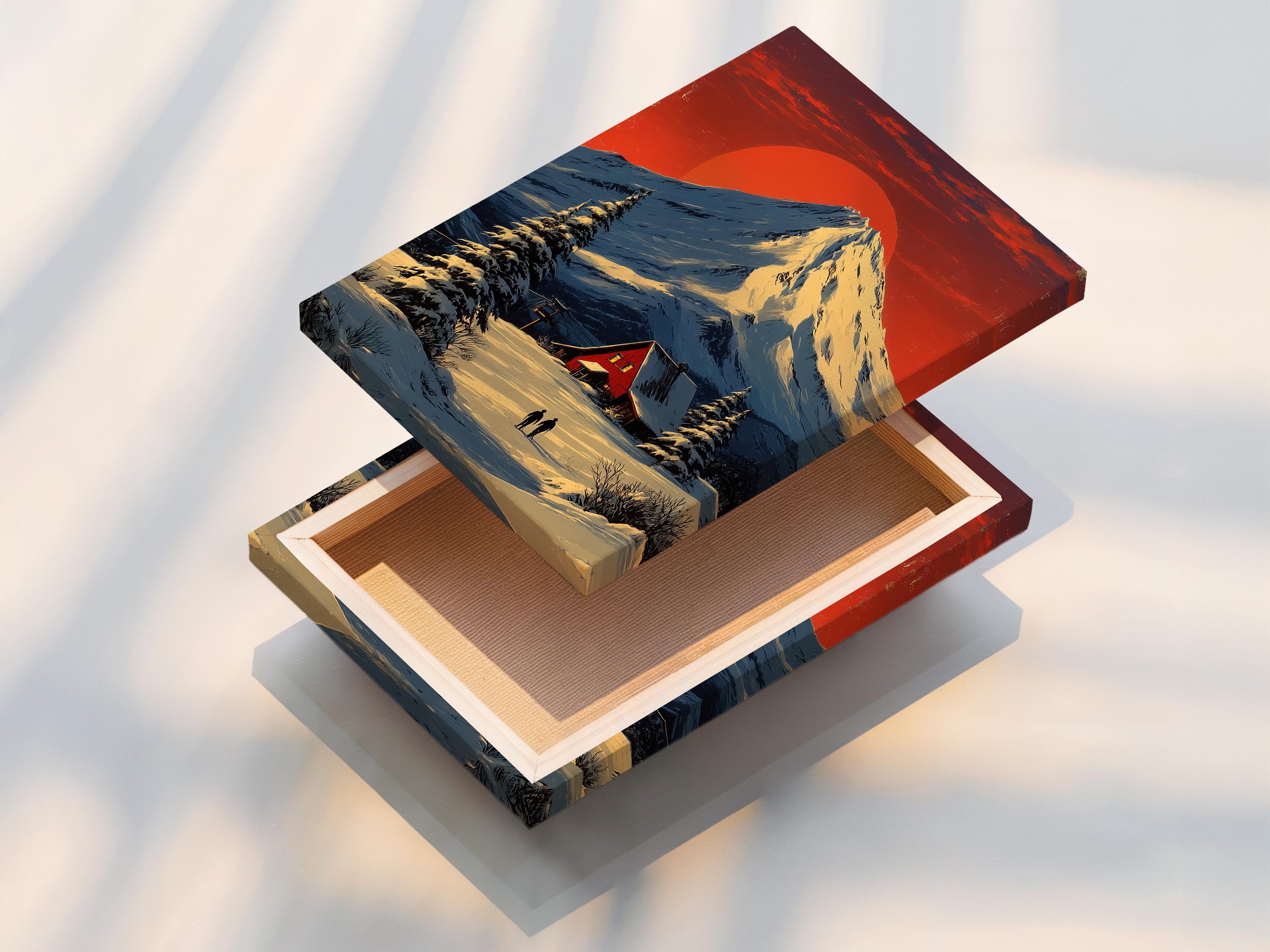 Illustrated winter mountain landscape with a snowy peak, red cabin, pine trees and two silhouettes walking detail view