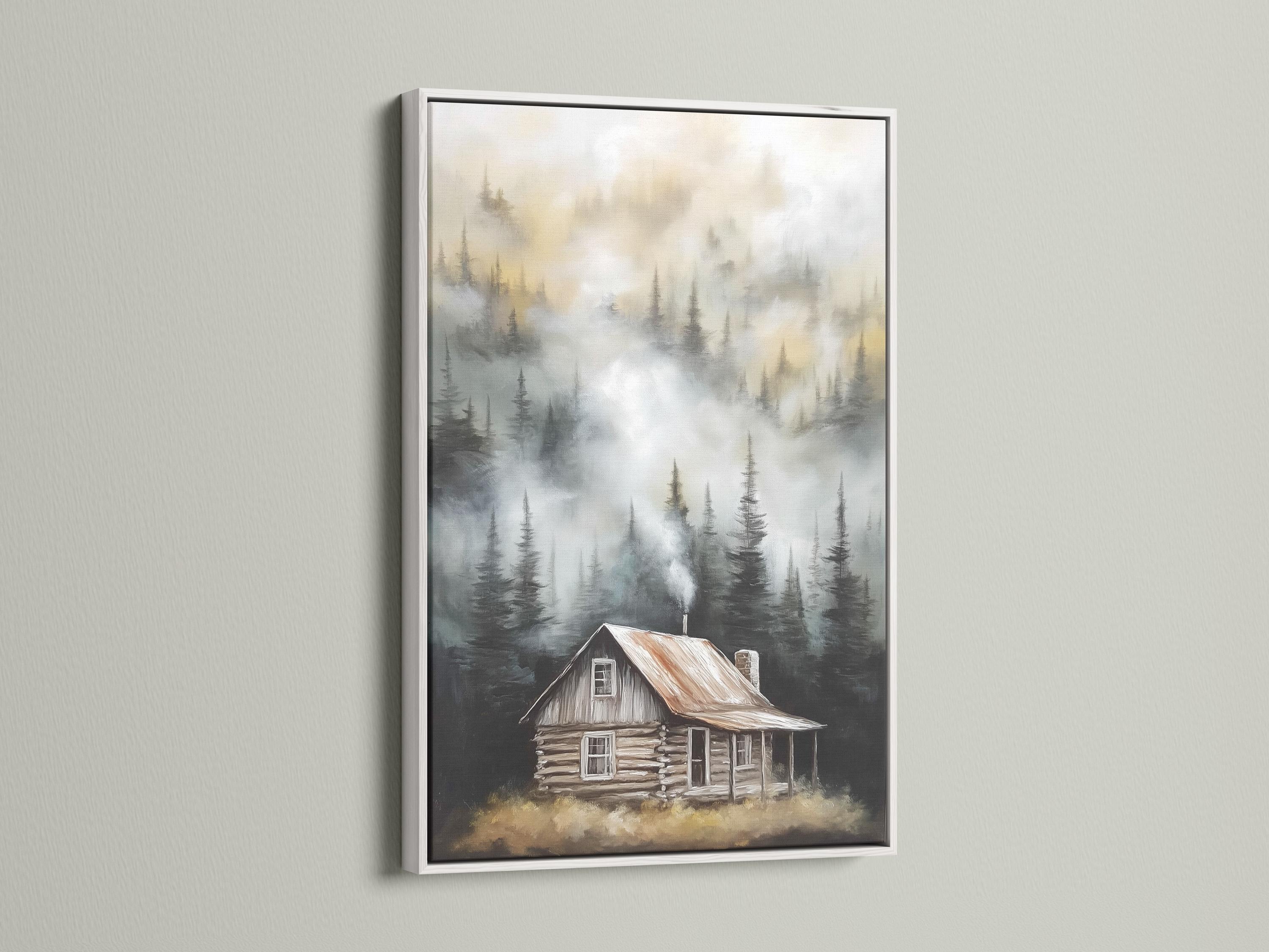 Misty forest with tall pine trees and a rustic cabin in the foreground detail view