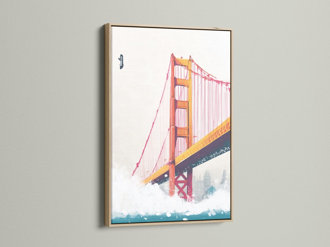 Stylised red and gold suspension bridge with teal water and faint skyline buildings detail view