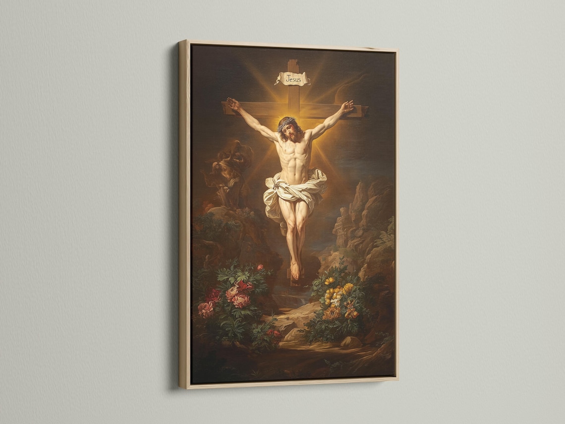Vintage religious painting of a crucified man with warm gold light behind and flowers in the foreground; banner text reads “Jesus” detail view