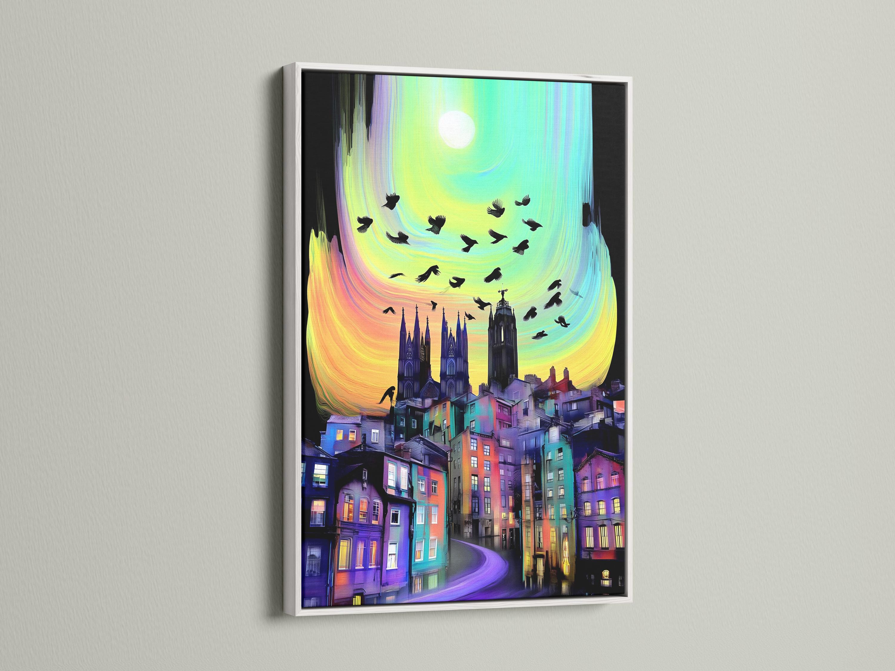 A colourful cityscape with gothic buildings sits beneath a bright stylised moon, while dark birds fly across a swirling sky detail view