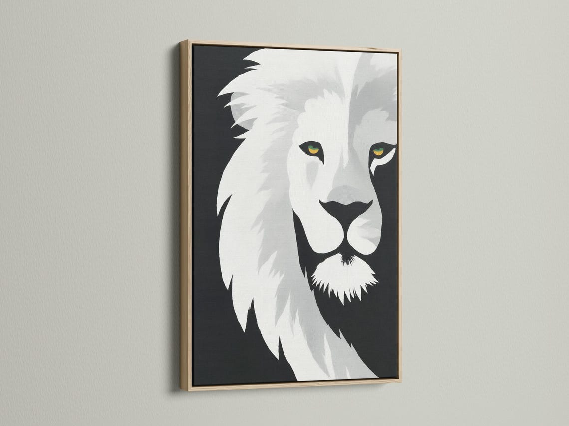 Monochrome lion portrait artwork with stylised mane and yellow-green eye highlights detail view