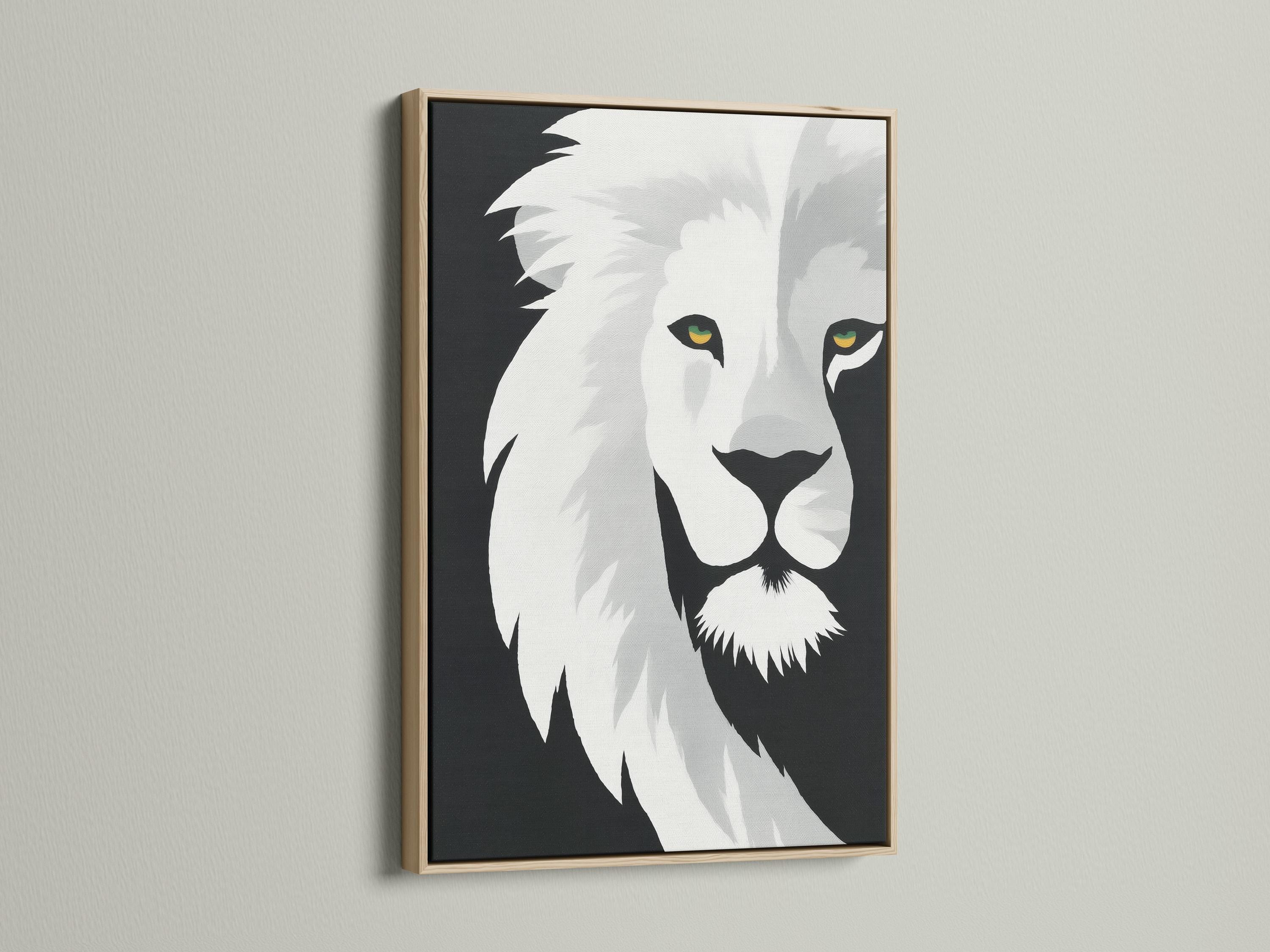 Monochrome lion portrait artwork with stylised mane and yellow-green eye highlights detail view