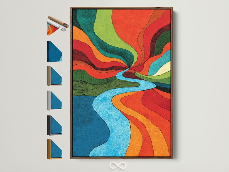 Retro abstract river artwork with bright blue water and vivid red, orange, green and teal bands
