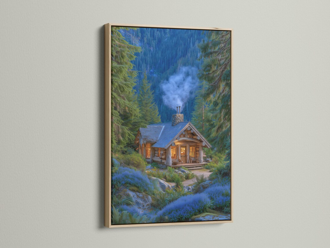 Forest cabin scene with evergreen trees, blue mist, and warm glowing windows detail view