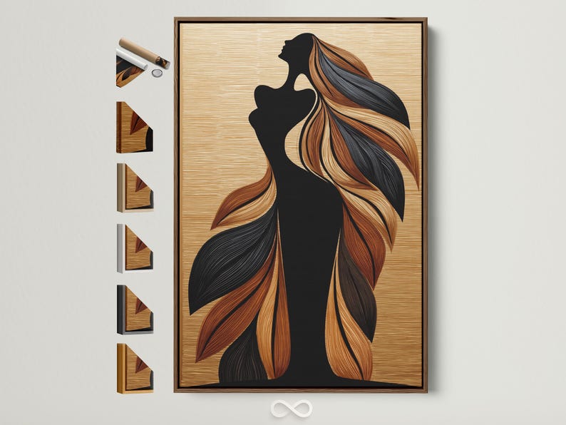 Black woman silhouette in profile with flowing feather-like hair in tan and rust tones on a beige striped background