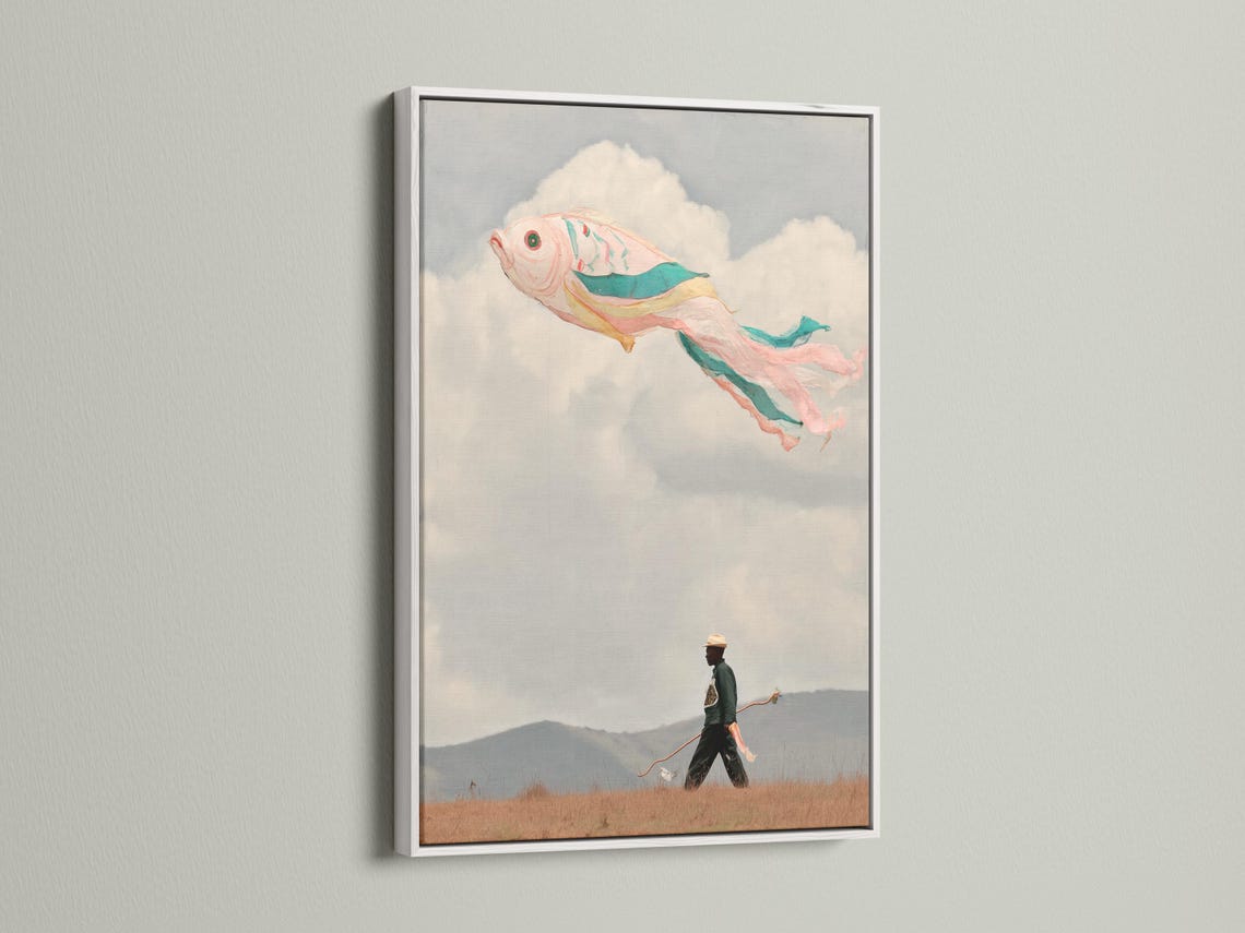Mockup of a framed artwork showing a surreal flying fish in the sky