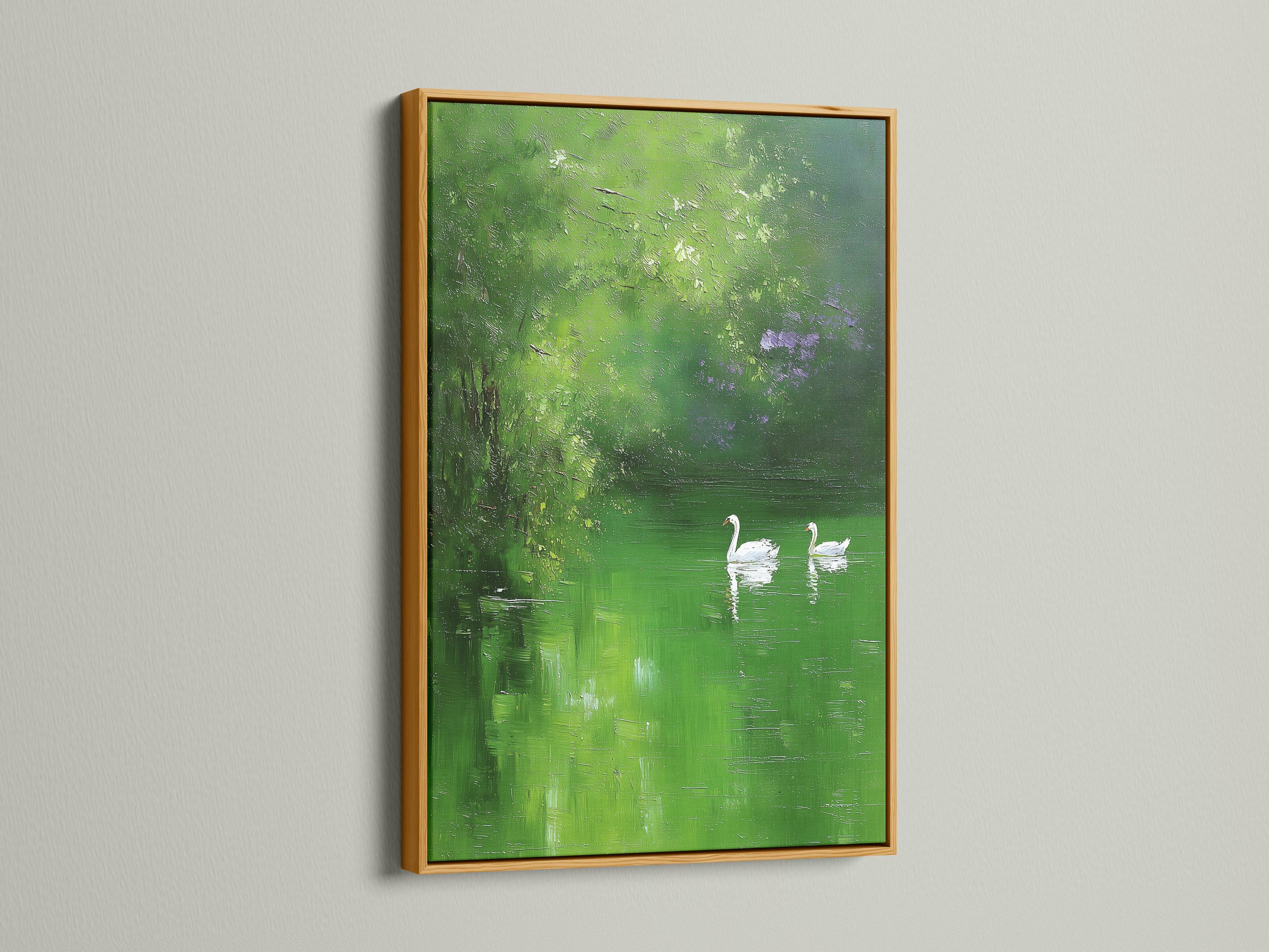 Green landscape artwork with two white swans floating on dark green water detail view