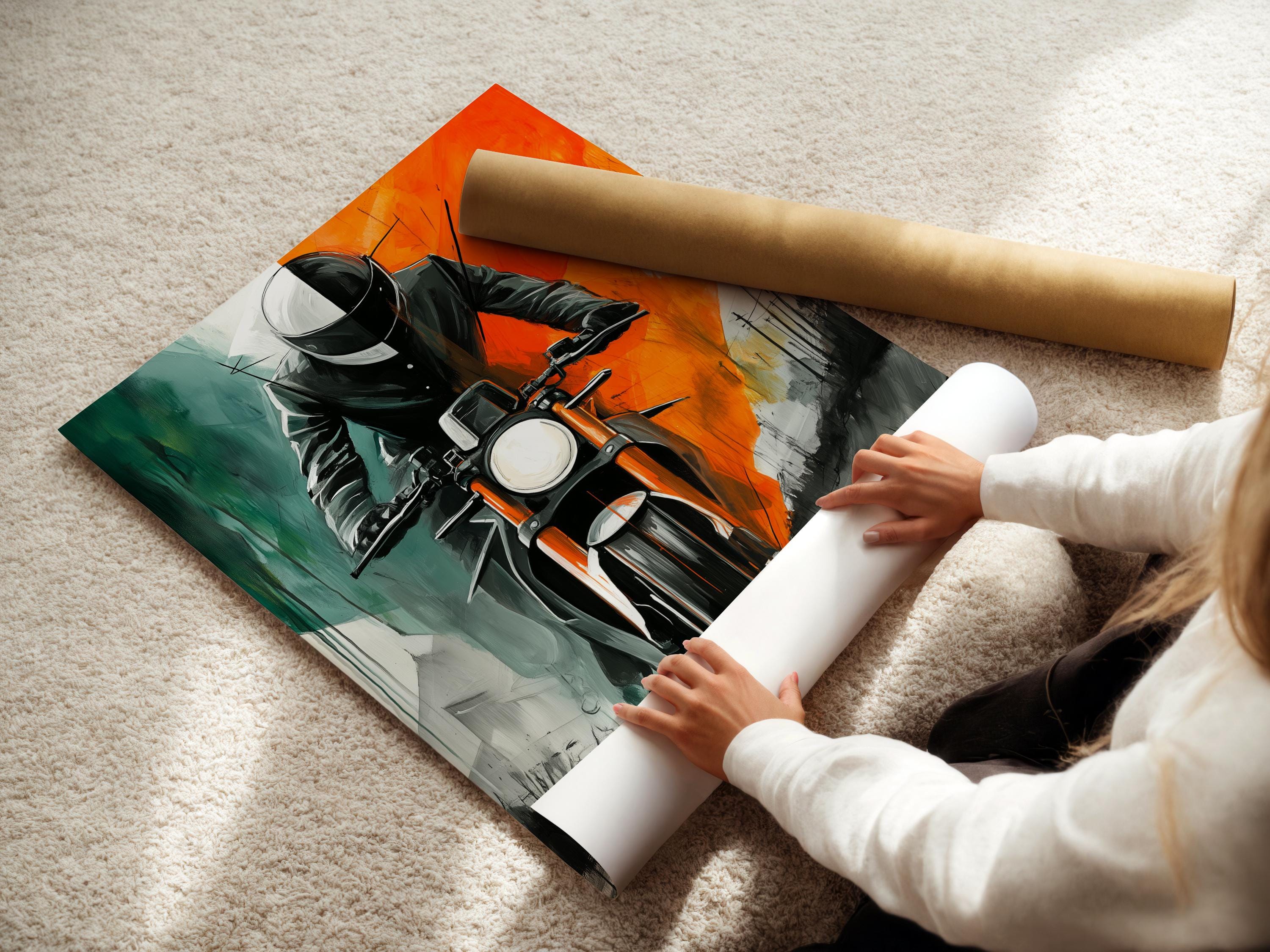 Stylised motorcyclist with helmet, headlight and retro road scene in orange, teal and grey detail view