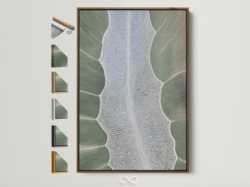 Sage green textured leaf silhouette artwork with a white net-like pattern