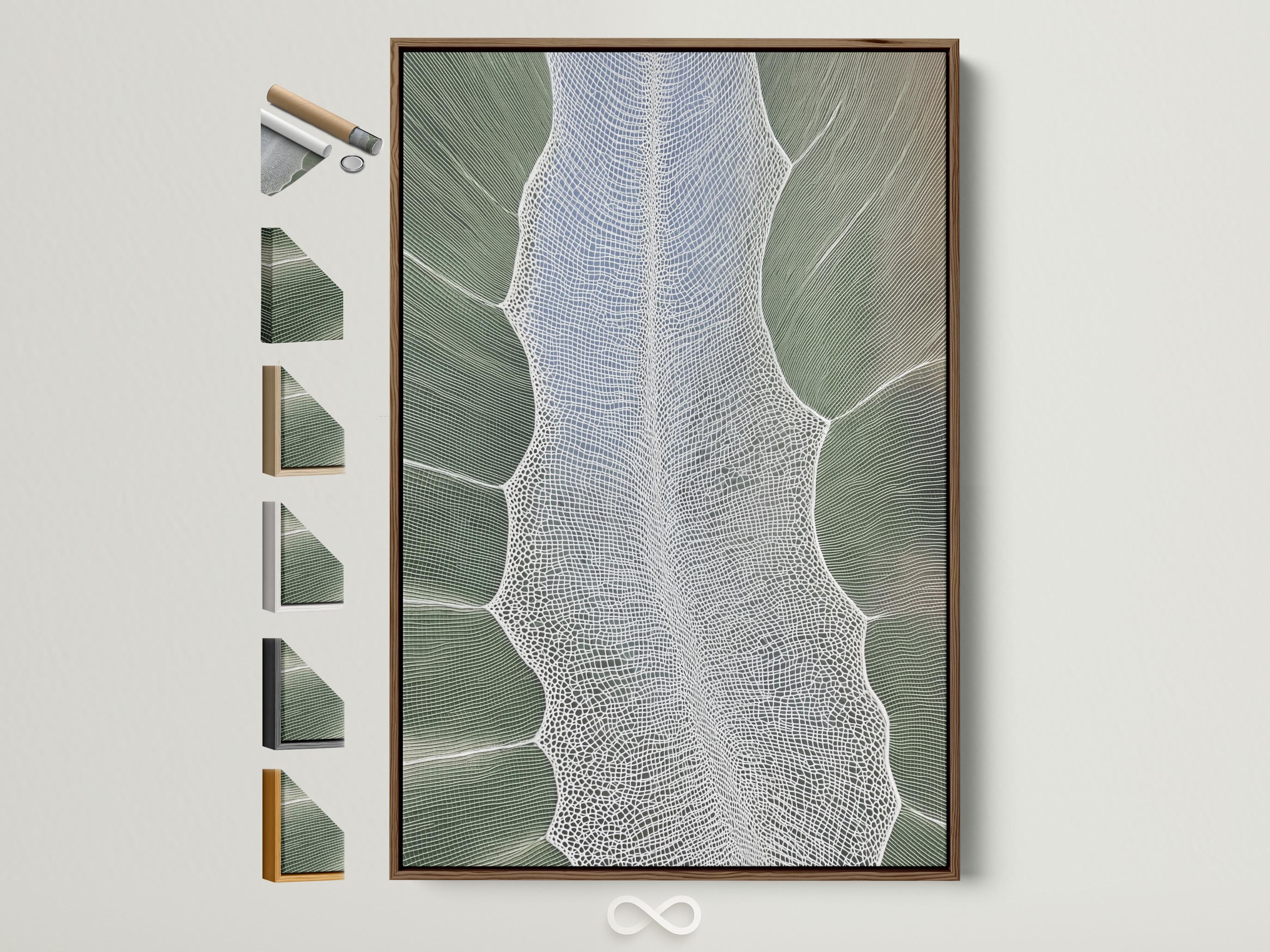 Sage green textured leaf silhouette artwork with a white net-like pattern