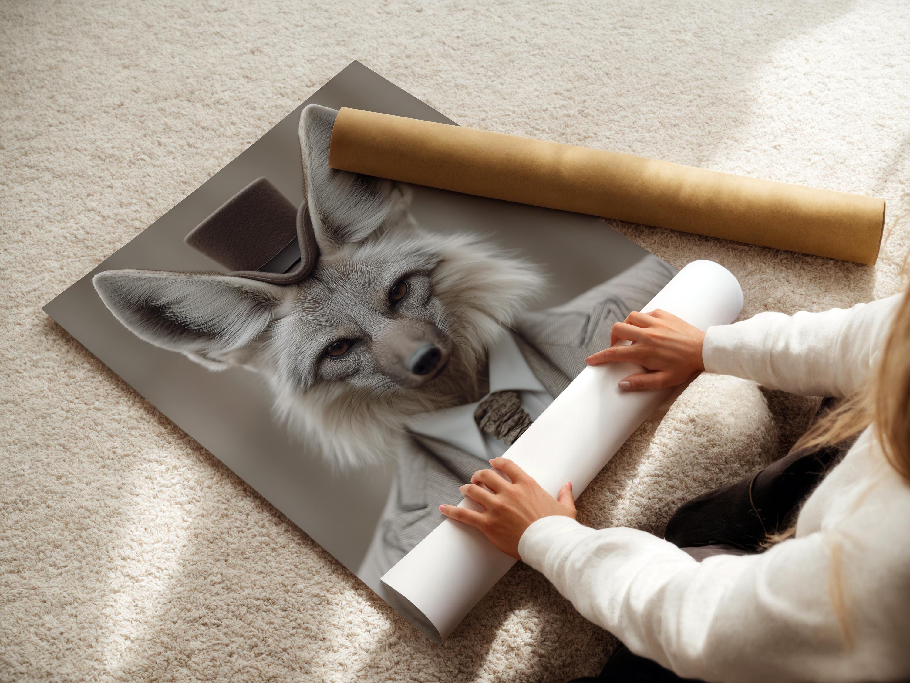 Portrait of a grey fox dressed as a gentleman with upright ears, suit collar and bow tie detail view