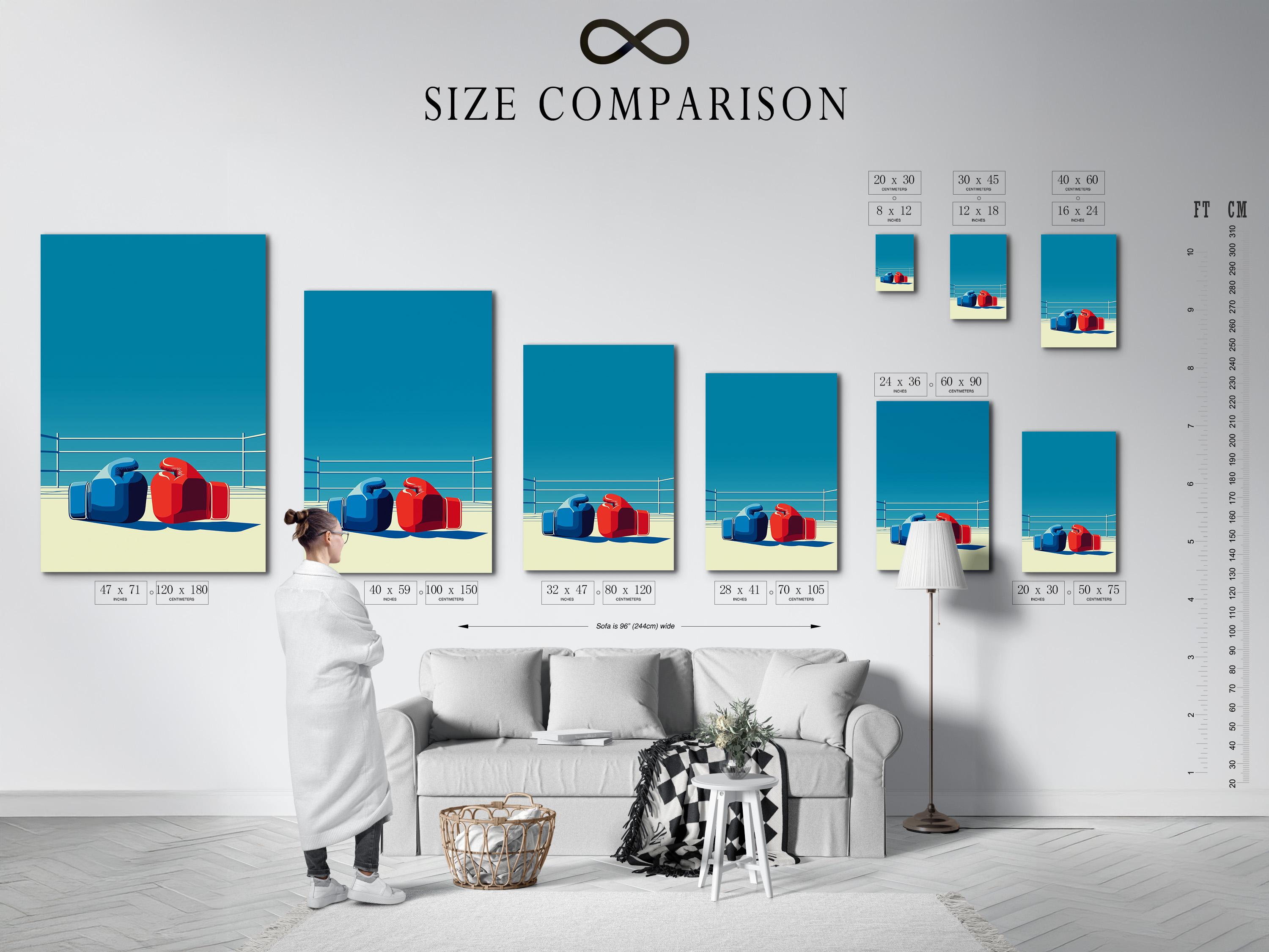 Wall mockup showing a framed boxing ring artwork with blue and red gloves and white ropes