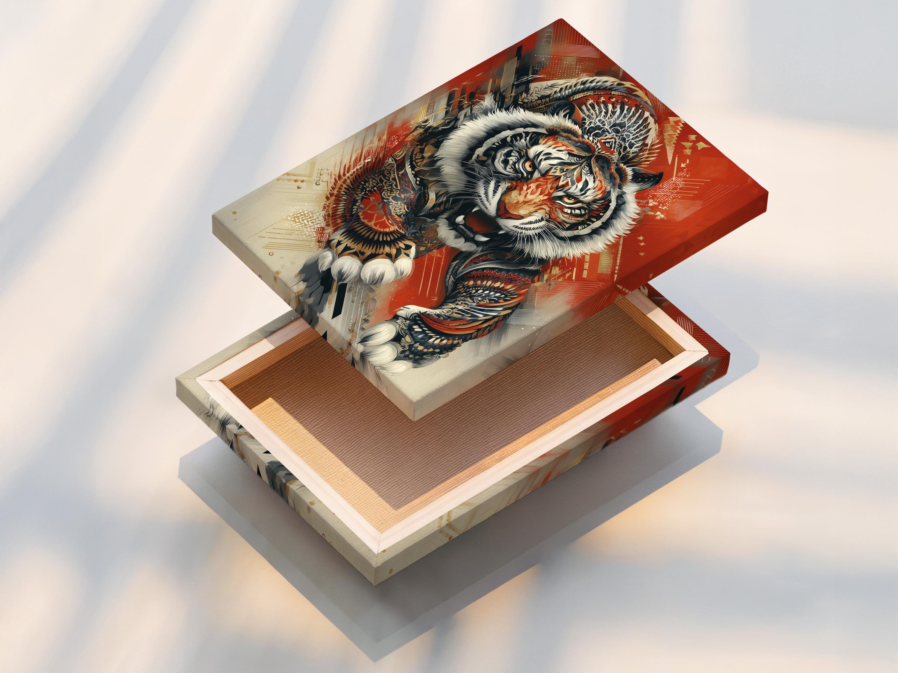 Roaring tiger wall artwork shown with wall mounting options and frame mockups on a light background
