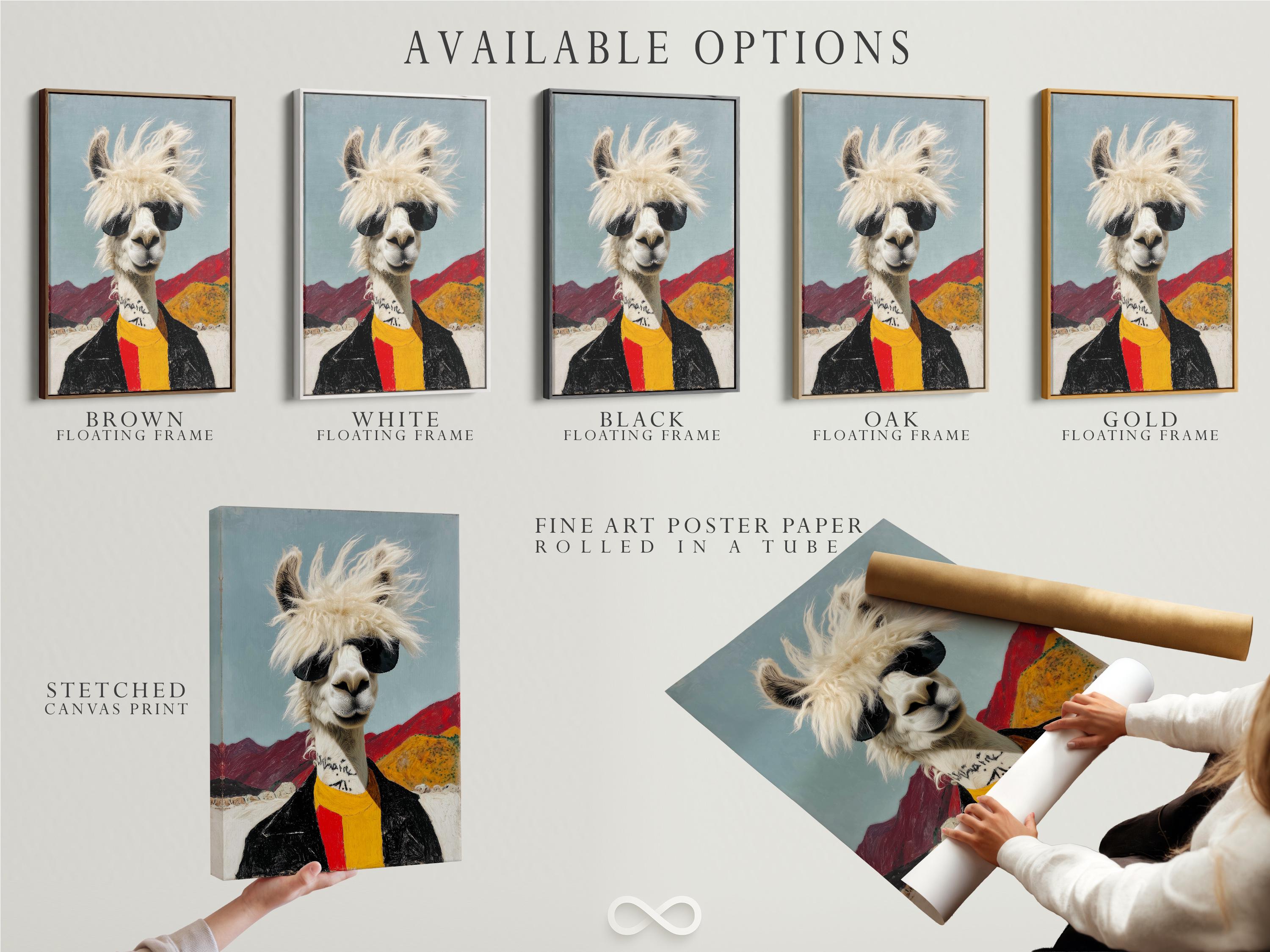 Stylised llama wearing black sunglasses with a fluffy mane and red and yellow scarf in a desert scene detail view