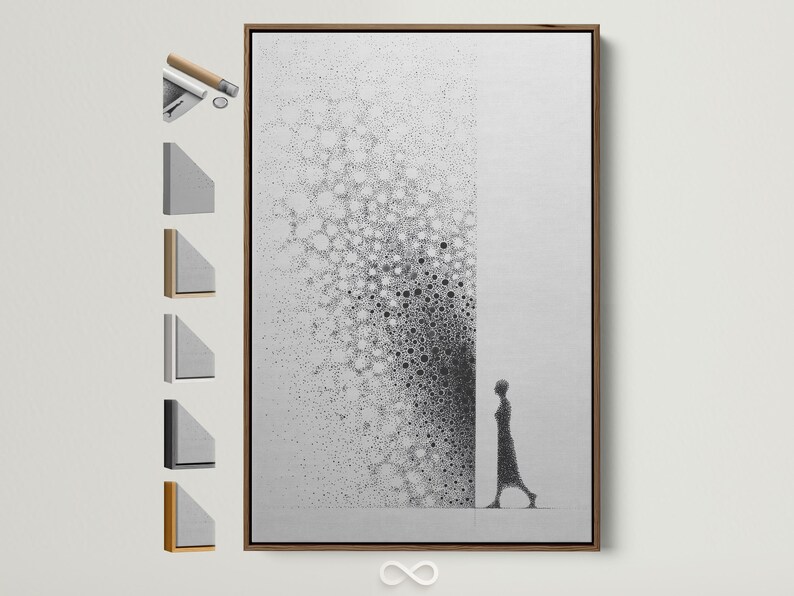 Monochrome abstract artwork with speckled dot clusters and an elongated figure silhouette