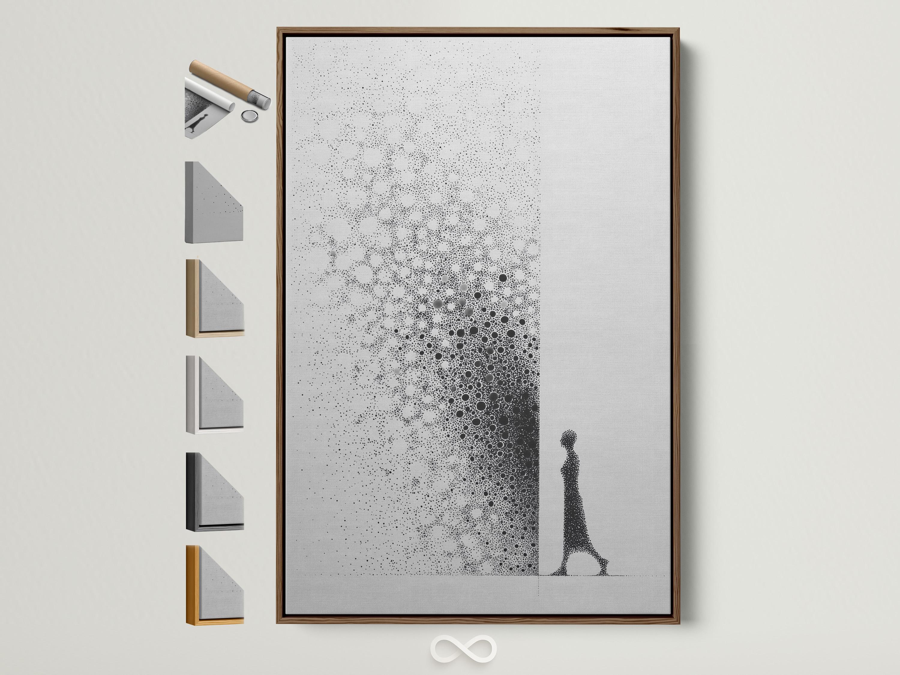 Monochrome abstract artwork with speckled dot clusters and an elongated figure silhouette