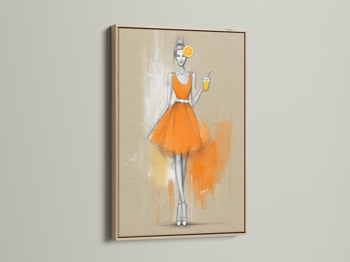 Fashion sketch of a woman in an orange dress holding a drink with an orange citrus slice above her head detail view