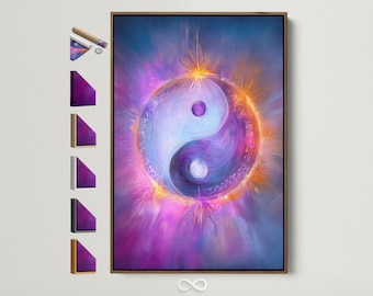 Yin Yang Canvas Art - Purple Cosmic Energy Wall Art, Spiritual Meditation Print for Zen Bedroom Decor