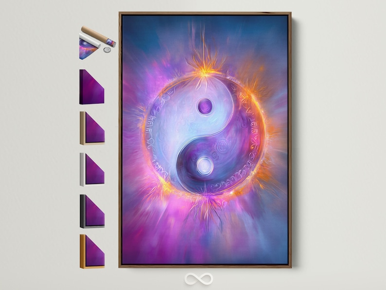 A cosmic yin-yang symbol glows in swirling purples and blues, framed by bright orange light rays and soft halo effects