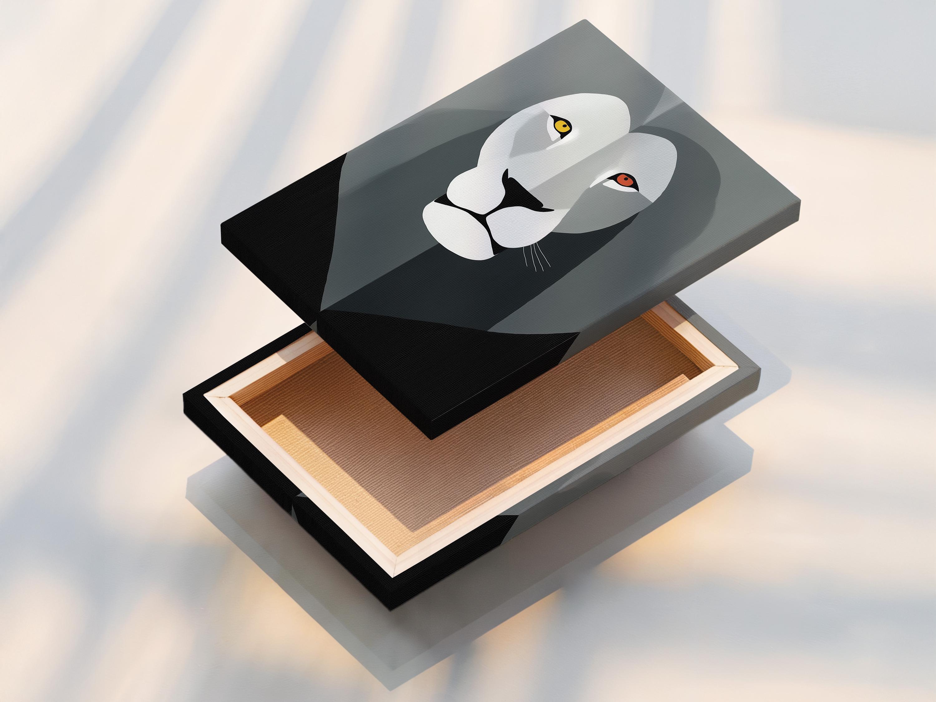 Geometric lion face artwork in grey and white with yellow and red eye accents detail view
