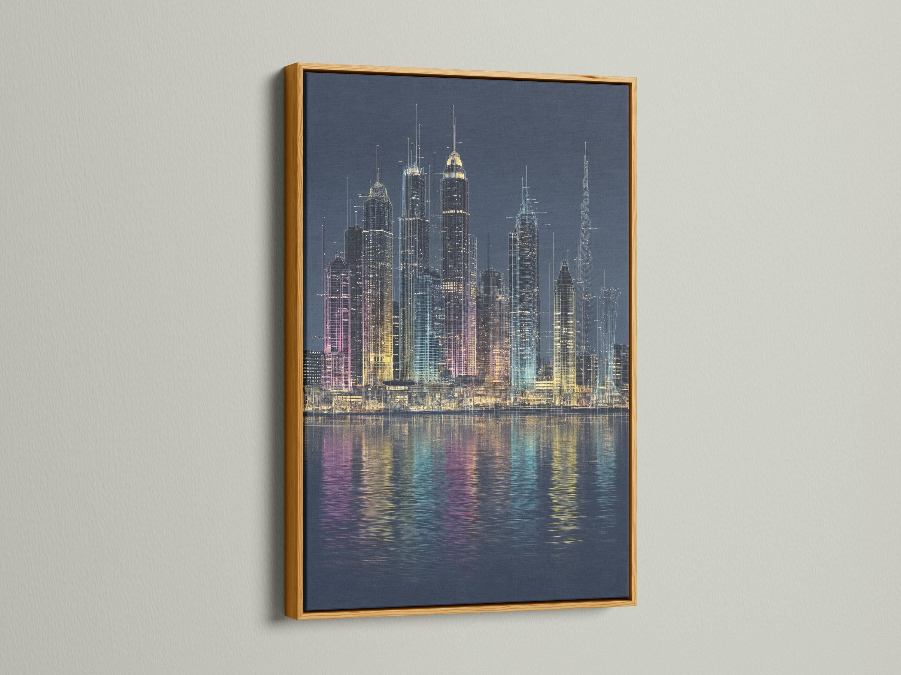 Night city skyline with glowing skyscrapers and reflections on dark water detail view