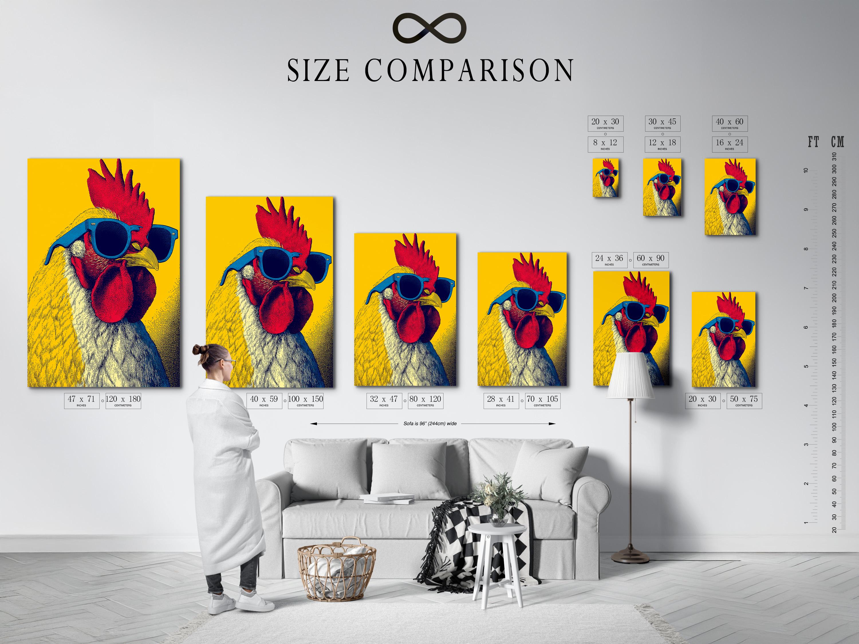Room mockup featuring a framed pop-art rooster with blue sunglasses on a yellow background