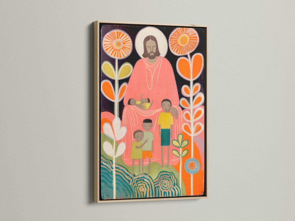Folk art religious illustration of a haloed bearded figure with children, surrounded by glowing circles and flower stems detail view