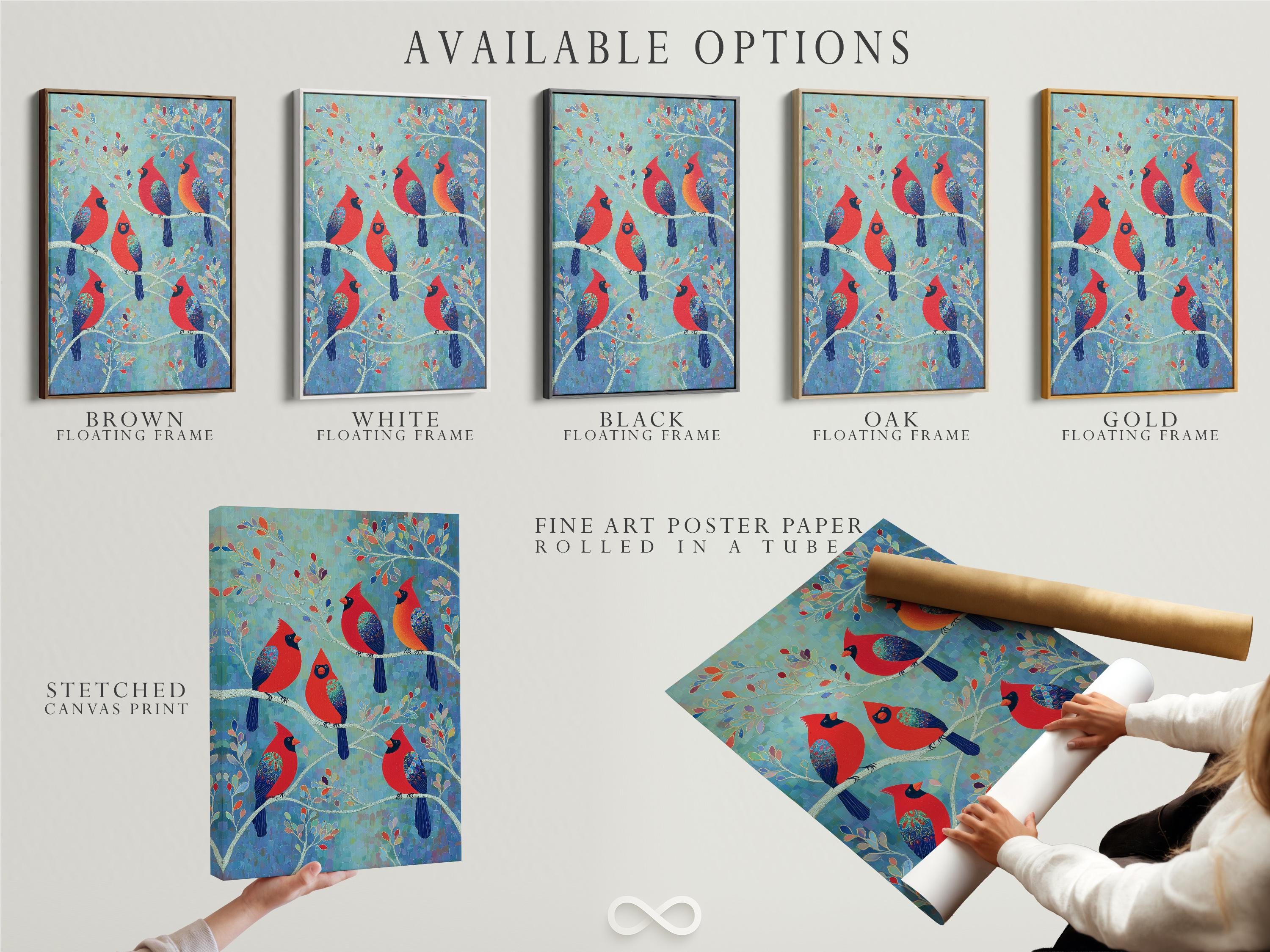 Portrait wildlife artwork with red cardinals perched on branches against a teal blue background detail view
