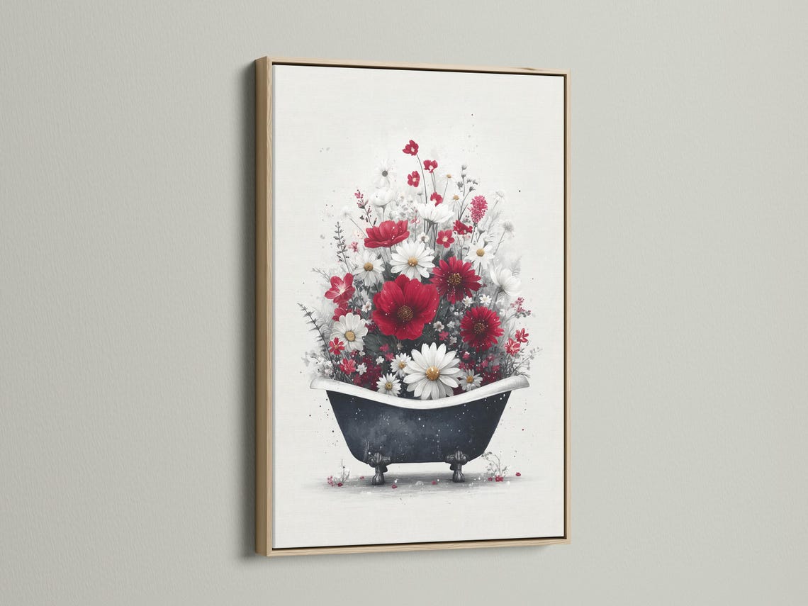 Vintage floral bathtub illustration with red and white flowers filling a dark bathtub detail view