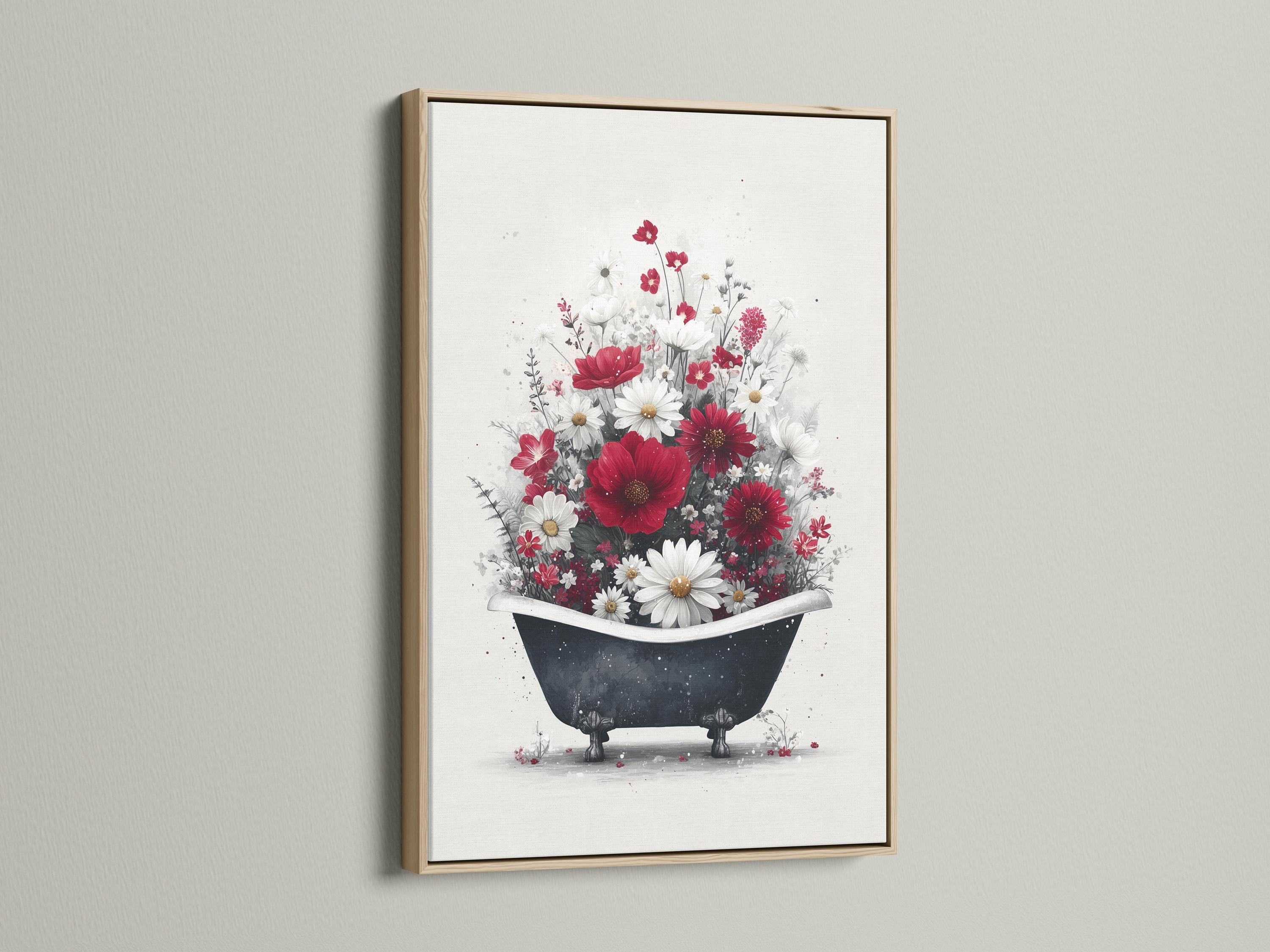 Vintage floral bathtub illustration with red and white flowers filling a dark bathtub detail view