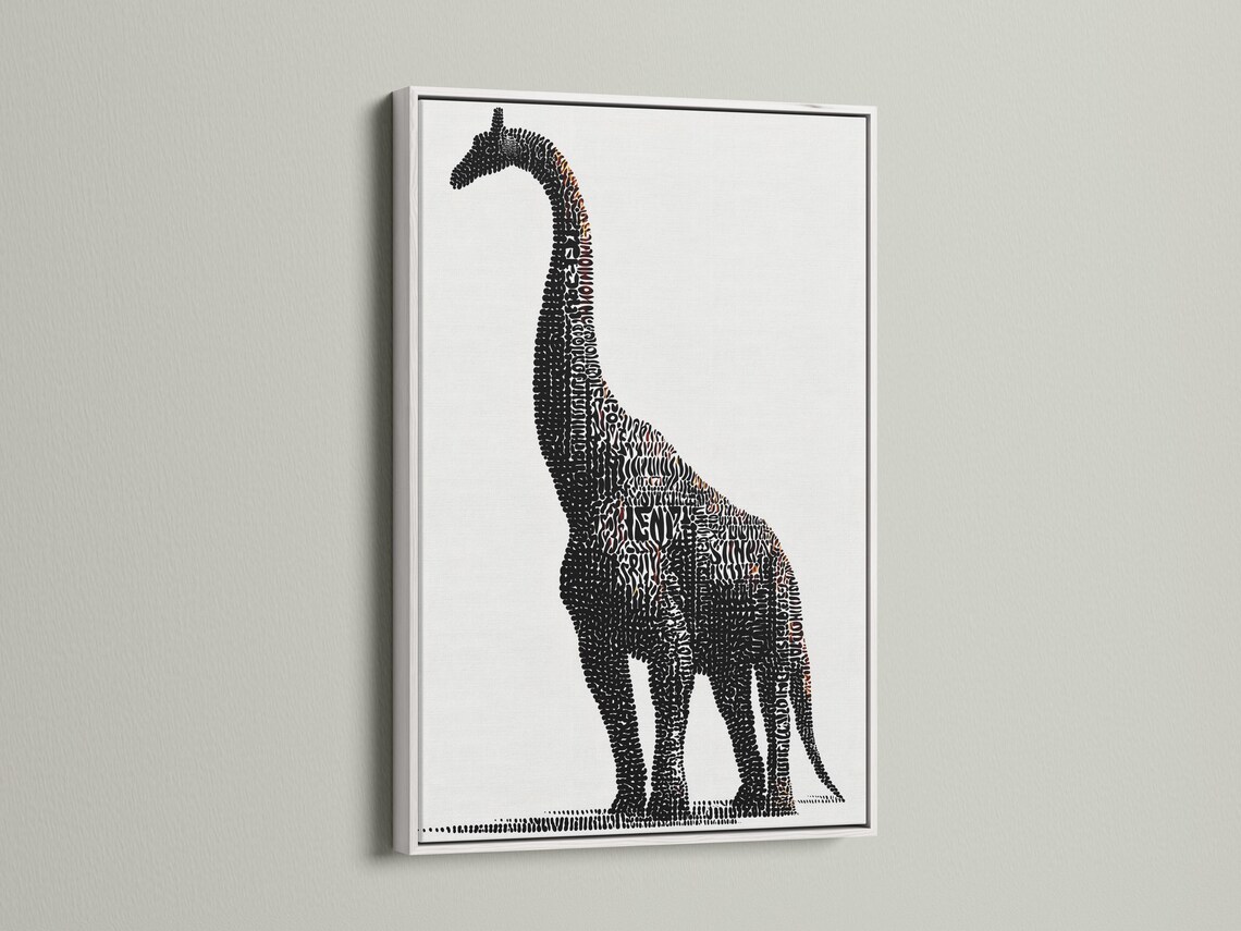 Brontosaurus silhouette made of dense black dots with small terracotta accents on a light background detail view
