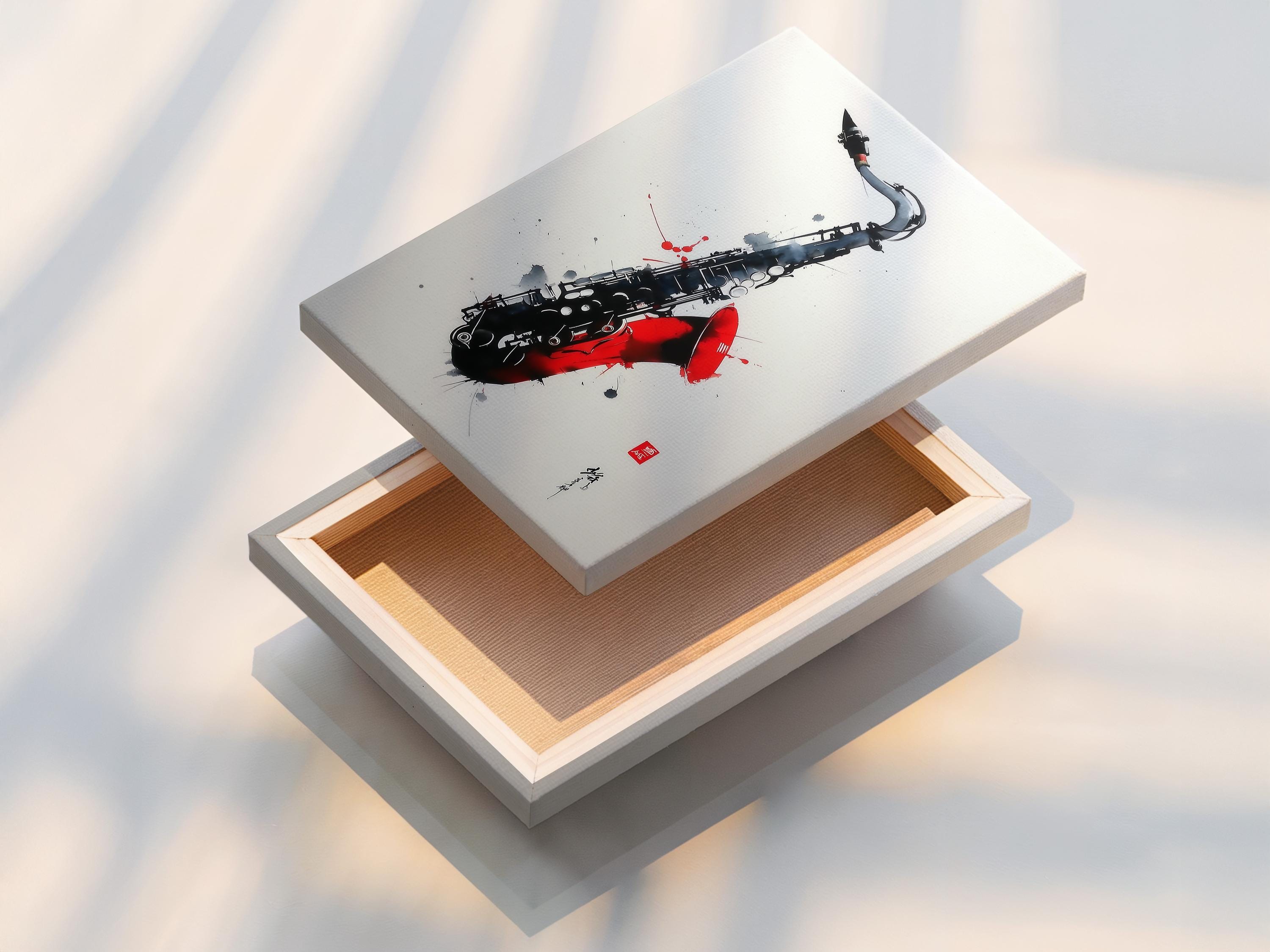 Red and black saxophone illustration with paint splatter marks on an off-white background detail view