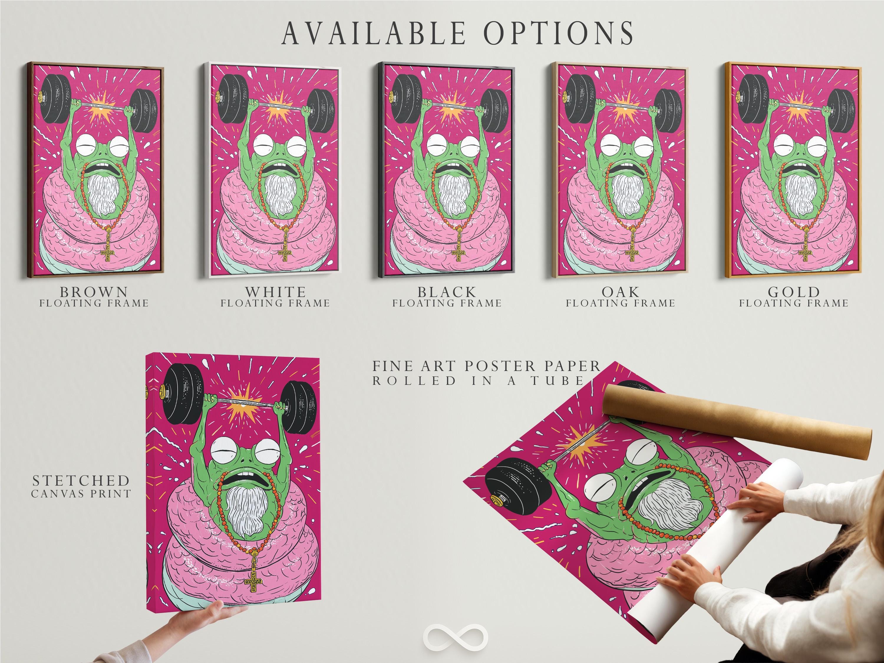 Cartoon frog weightlifter lifting dumbbells in a hot pink burst background detail view