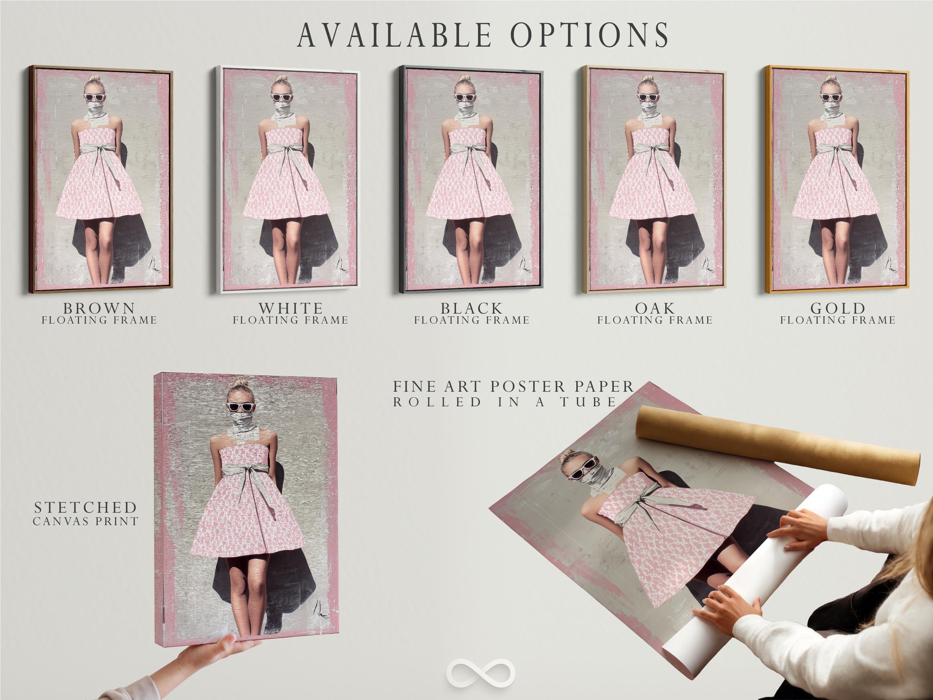 Room mockup showing a framed artwork with a stylised woman in a pink patterned dress