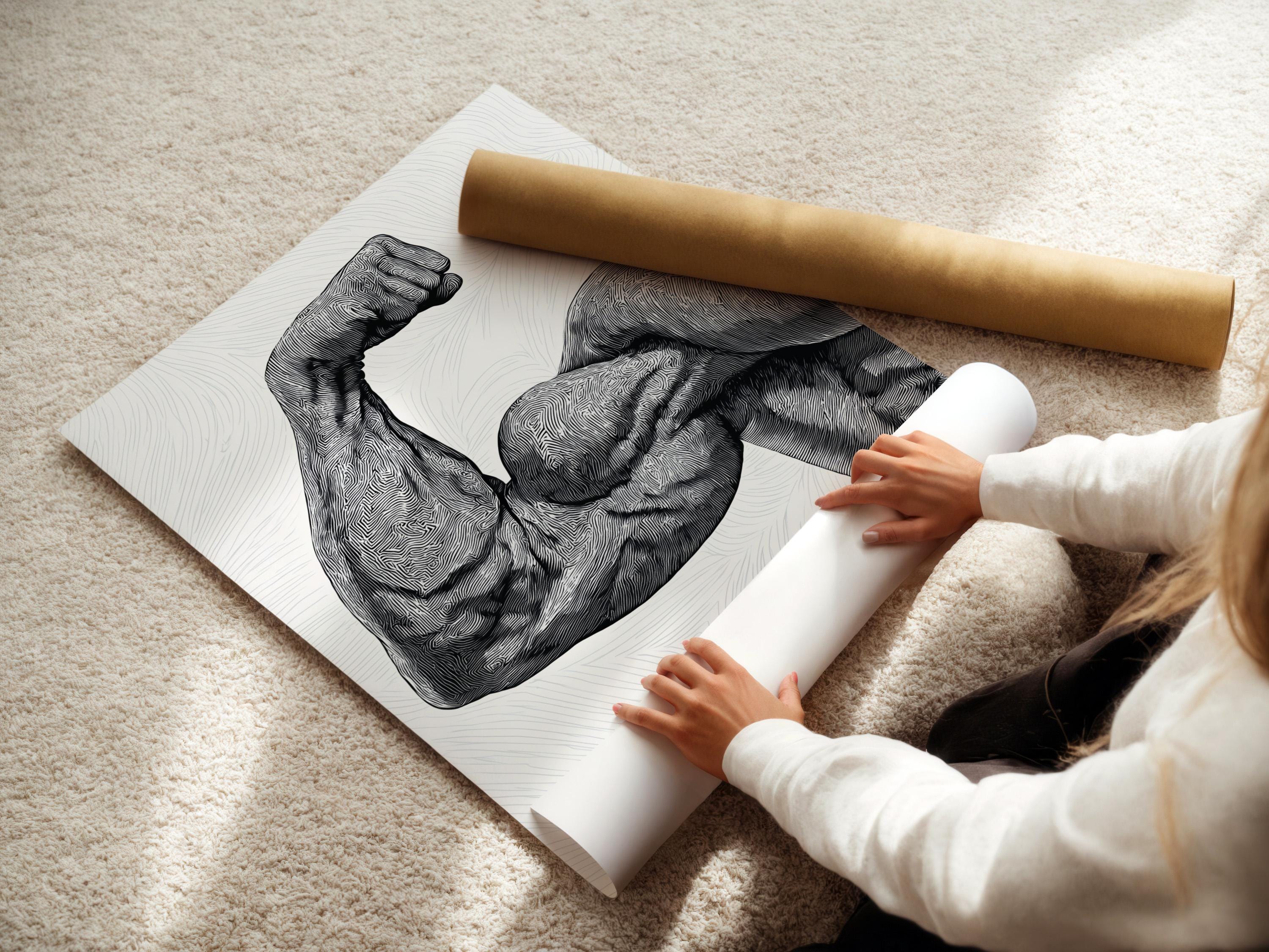 Black and white line art of a flexing muscle figure with dense contour lines detail view
