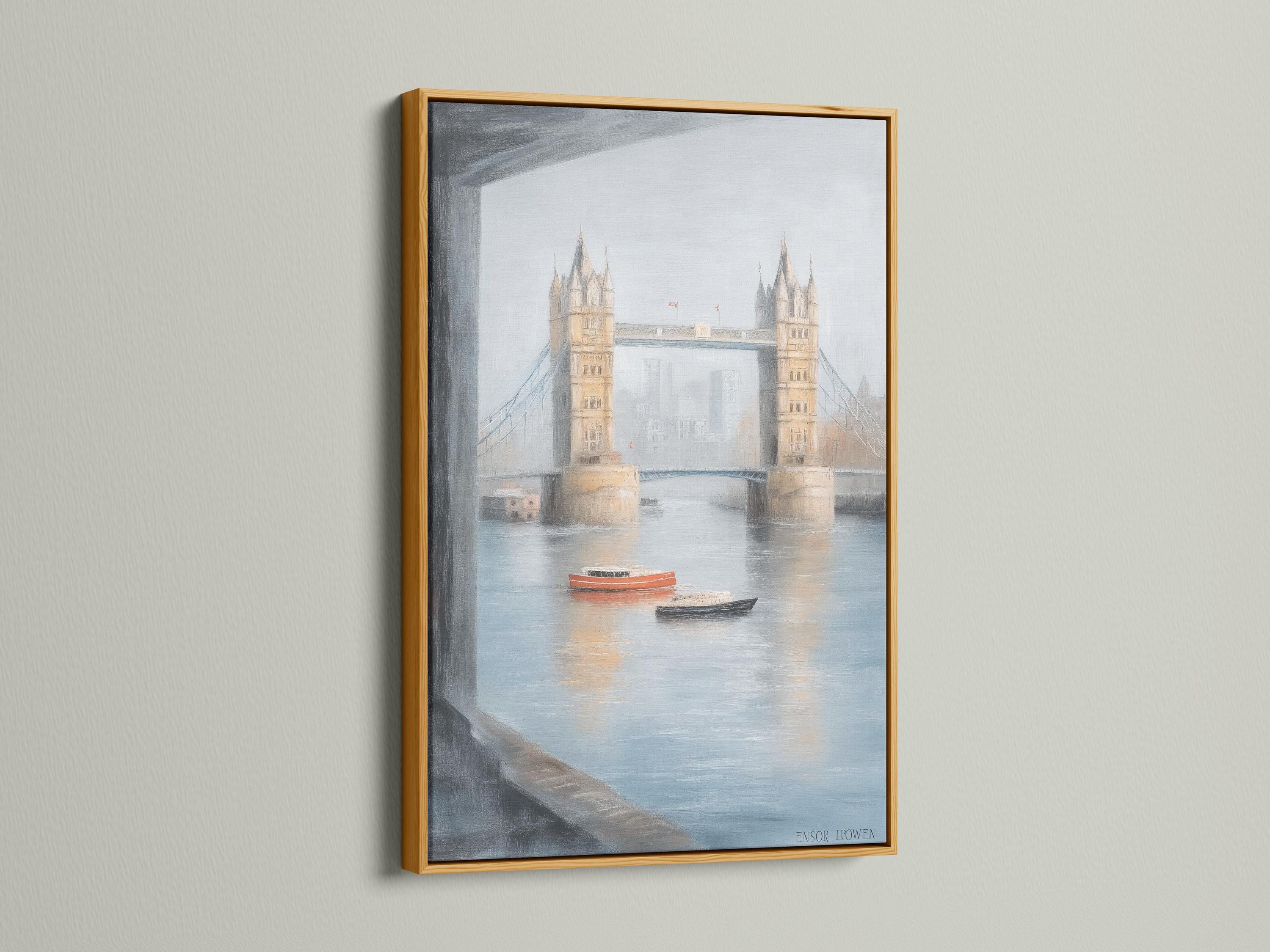Painterly bridge over calm river with two boats, tower-like buildings and misty sky detail view