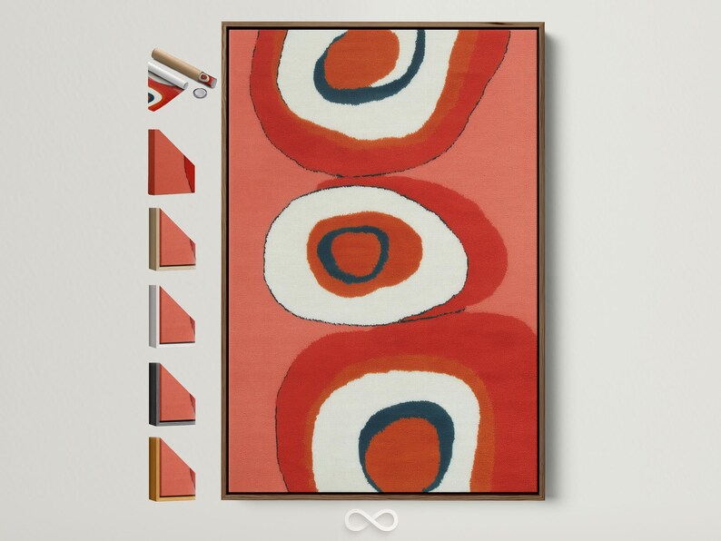 Coral and navy abstract artwork with retro ring shapes and off-white circular centres